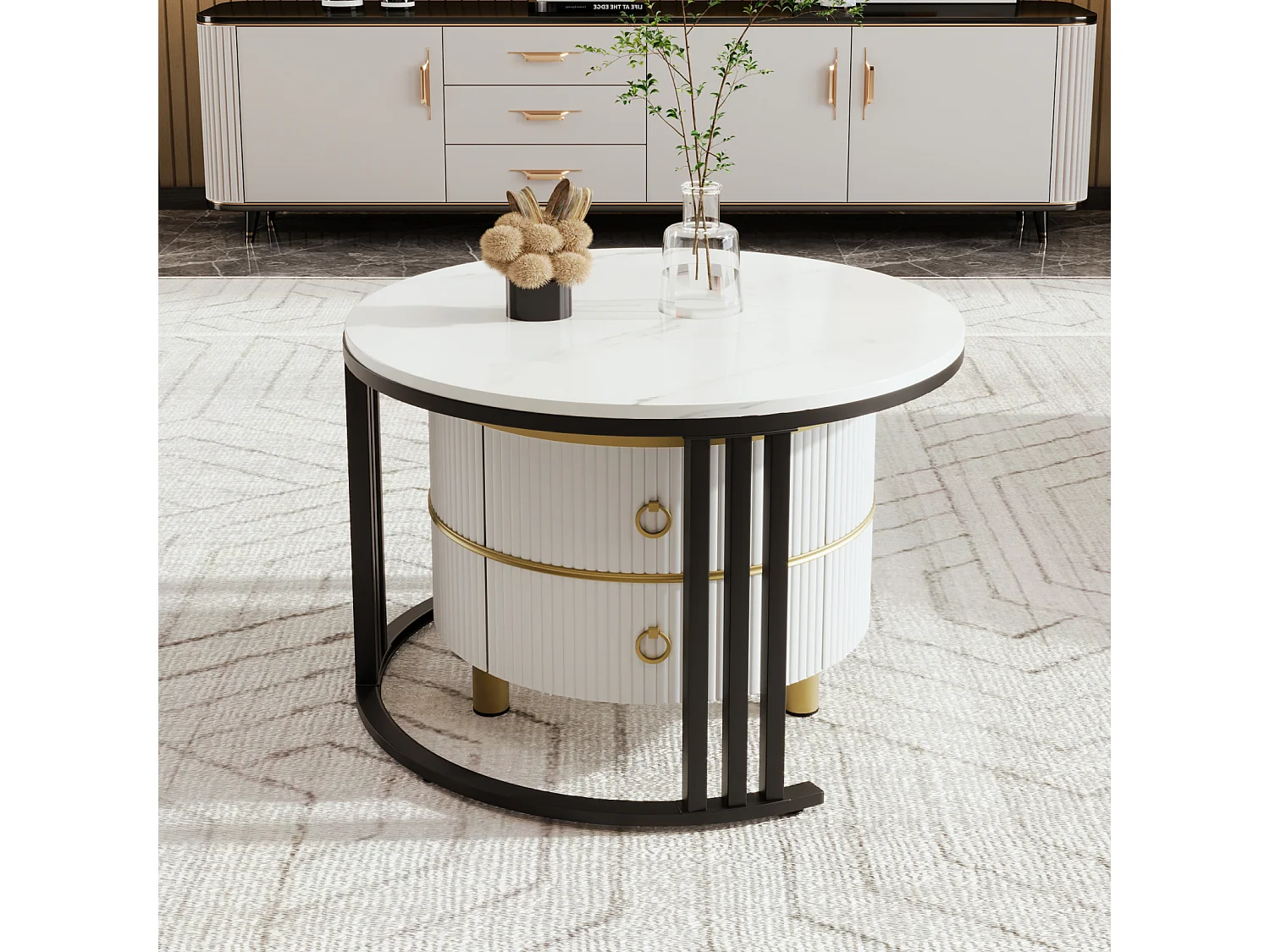 Lot de 2 Table basse gigogne ronde, 70x50 cm - avec plateau en marbre blanc, 2 tiroirs, design moderne - blanc