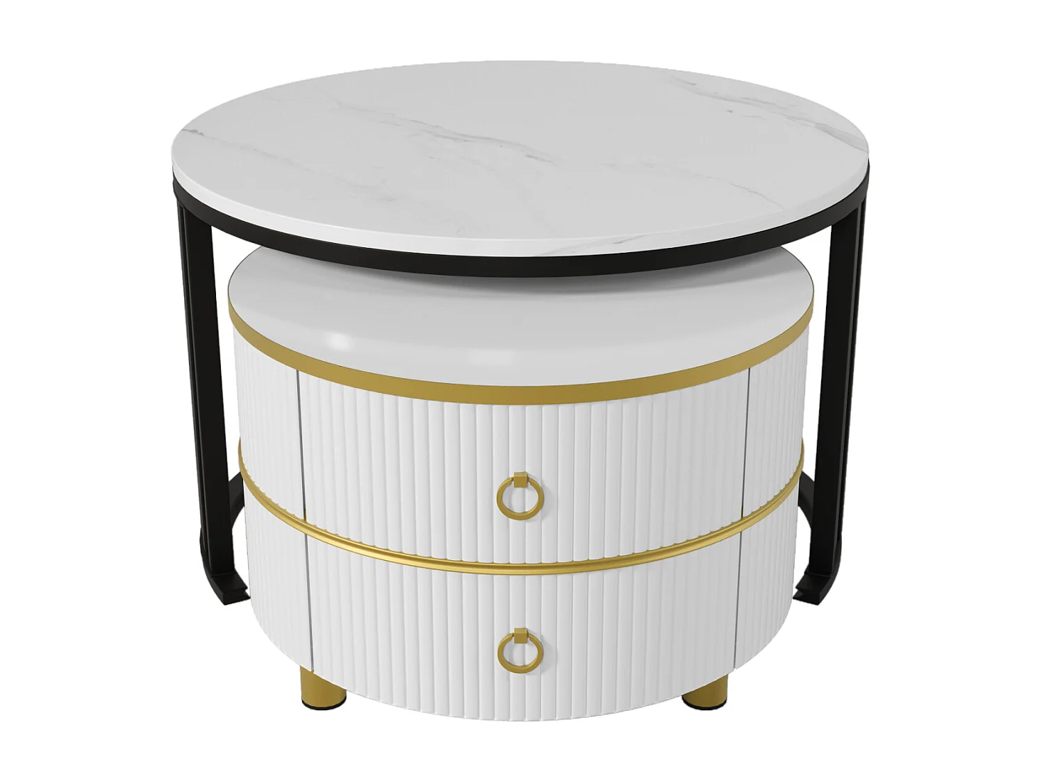 Lot de 2 Table basse gigogne ronde, 70x50 cm - avec plateau en marbre blanc, 2 tiroirs, design moderne - blanc