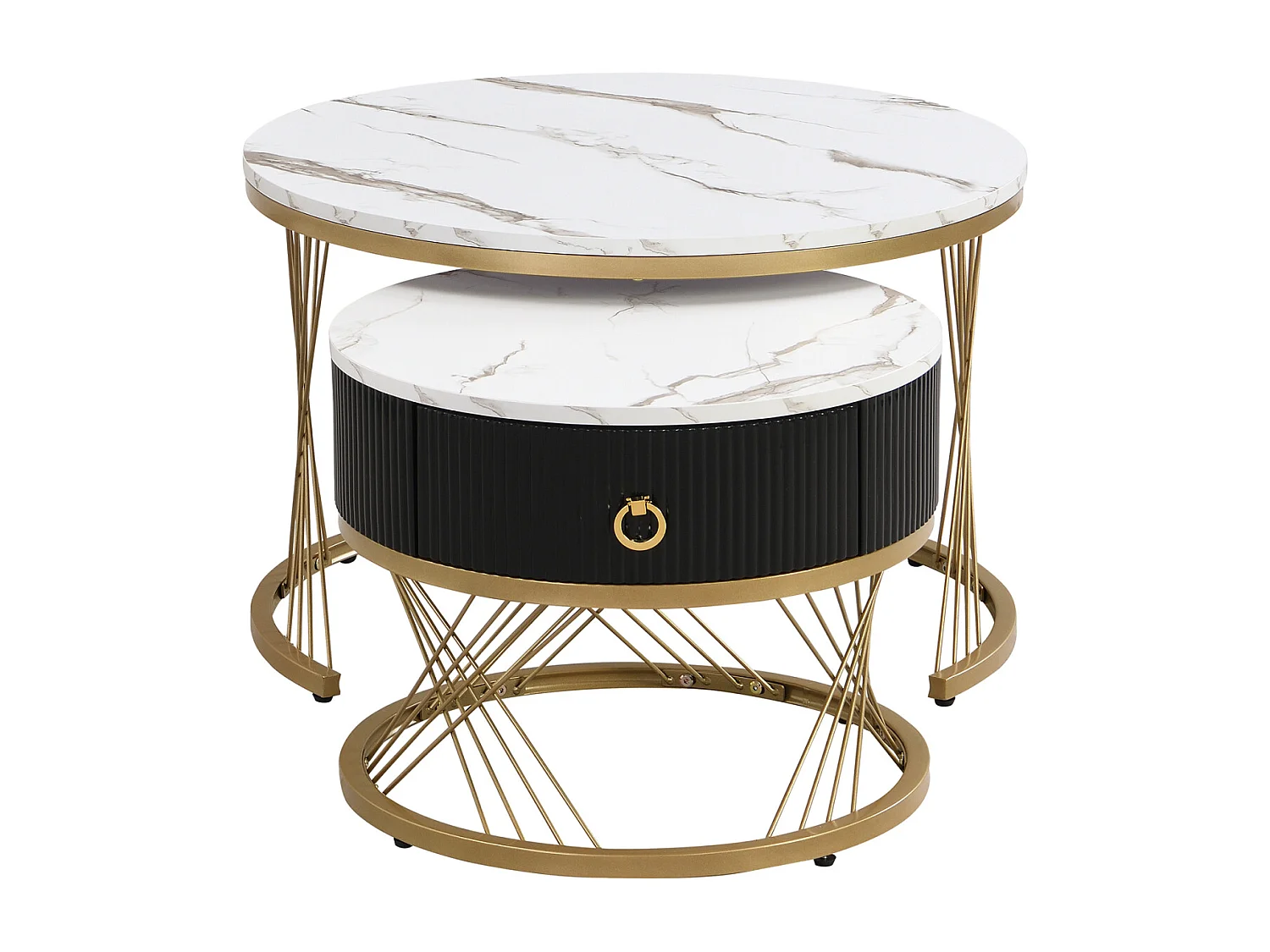 Set van 2 in elkaar passende salontafels, elegant stapelbaar, bijzettafel met goudkleurig marmereffect met lade, 70x70x45cm+50x50x40cm, wit