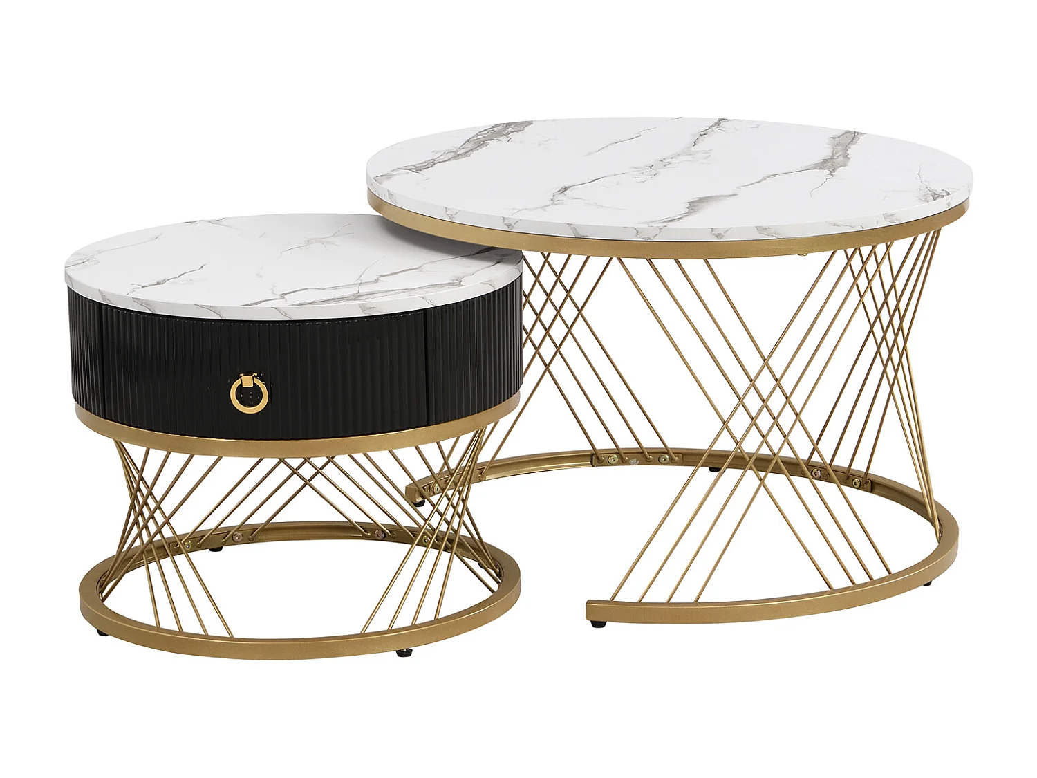 Set van 2 in elkaar passende salontafels, elegant stapelbaar, bijzettafel met goudkleurig marmereffect met lade, 70x70x45cm+50x50x40cm, wit