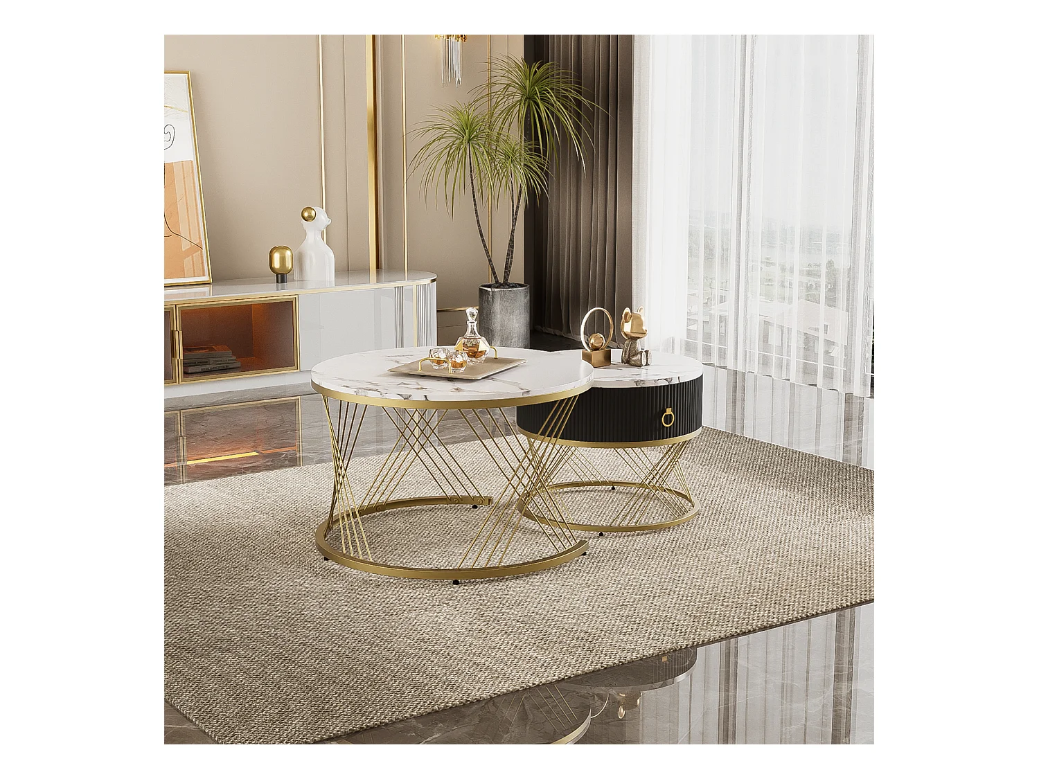 Lot de 2 table basse gigogne, empilable élégante, table d'appoint à décor doré effet marbre avec tiroir, 70x70x45cm+50x50x40cm, blanc