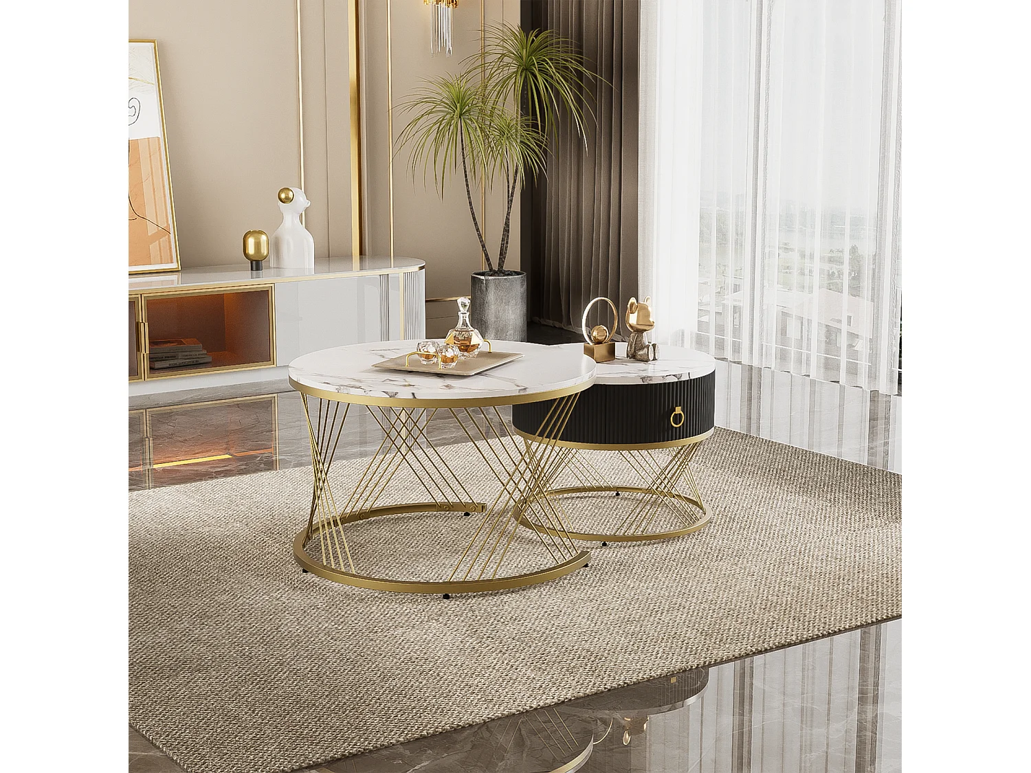 Conjunto de 2 mesas de centro encaixáveis, elegantes e empilháveis, mesa lateral com decoração efeito mármore dourado com gaveta, 70x70x45cm + 50x50x40cm, branca