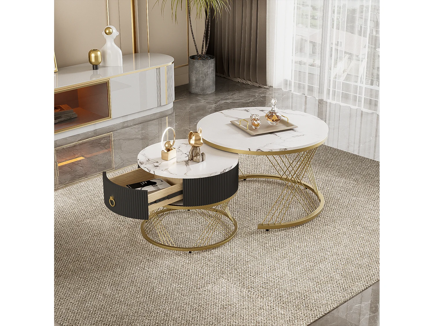 Conjunto de 2 mesas de centro encaixáveis, elegantes e empilháveis, mesa lateral com decoração efeito mármore dourado com gaveta, 70x70x45cm + 50x50x40cm, branca