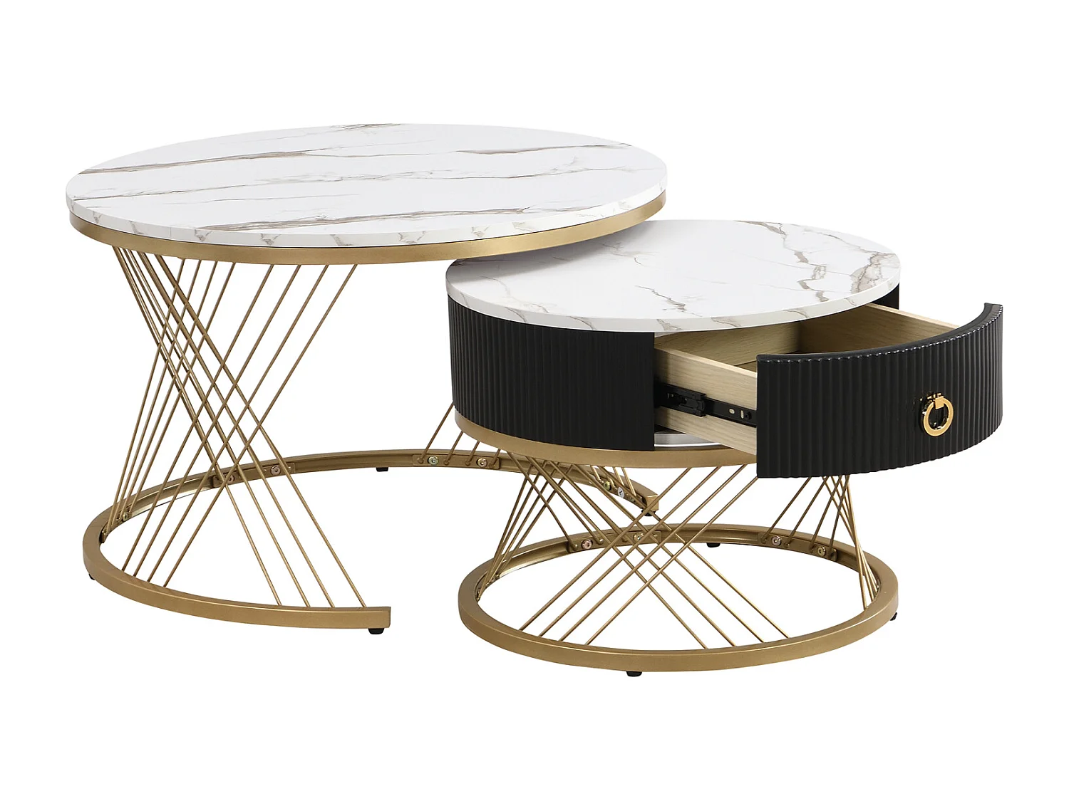 Conjunto de 2 mesas de centro encaixáveis, elegantes e empilháveis, mesa lateral com decoração efeito mármore dourado com gaveta, 70x70x45cm + 50x50x40cm, branca