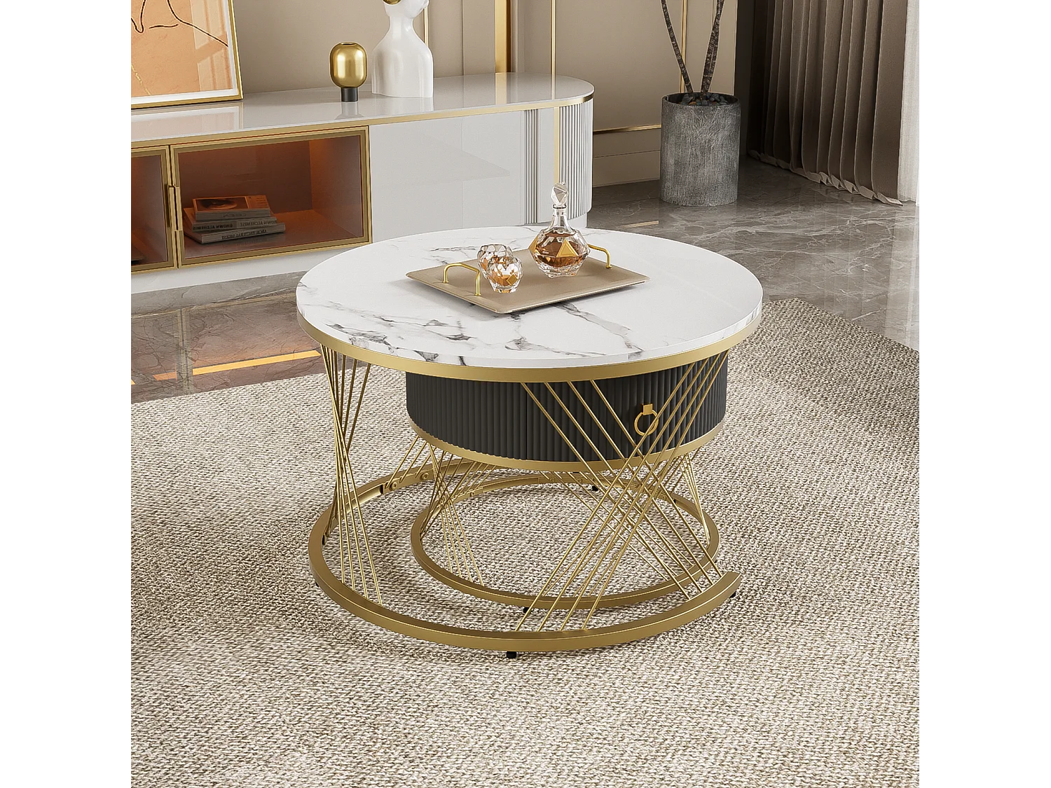 Lot de 2 table basse gigogne, empilable élégante, table d'appoint à décor doré effet marbre avec tiroir, 70x70x45cm+50x50x40cm, blanc