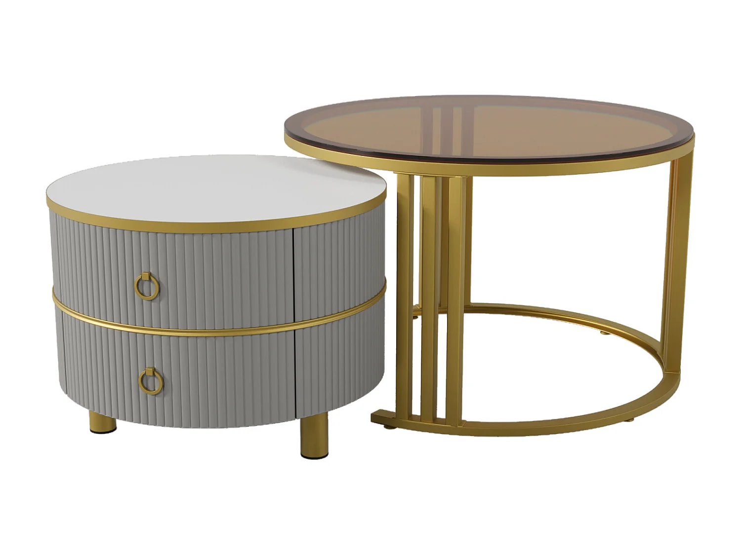 Set van 2 ronde salontafels, 70x50 cm - met bruin glazen blad, 2 lades, modern design - grijs