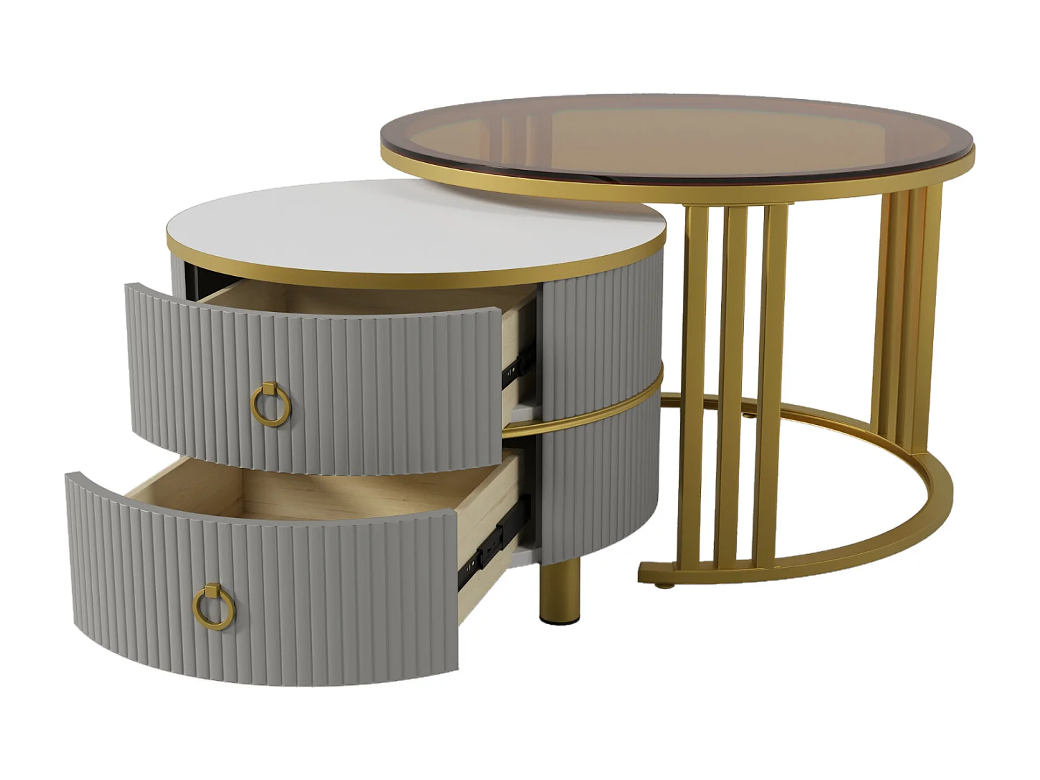 Set van 2 ronde salontafels, 70x50 cm - met bruin glazen blad, 2 lades, modern design - grijs