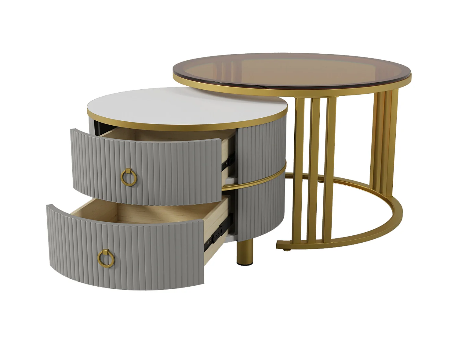 Juego de 2 mesas de centro nido redondas, 70x50 cm - con tapa de cristal marrón, 2 cajones, diseño moderno - gris