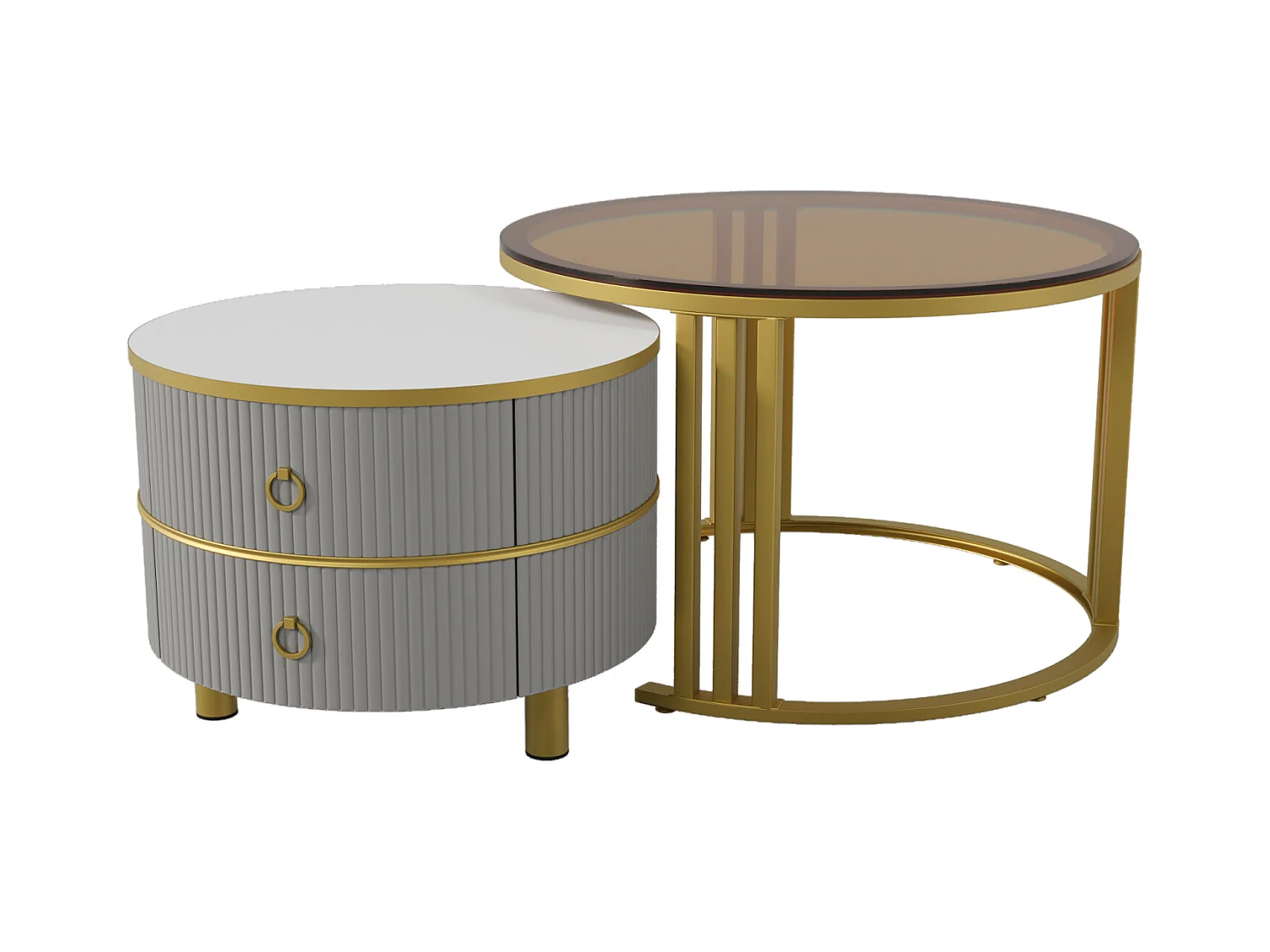 Juego de 2 mesas de centro nido redondas, 70x50 cm - con tapa de cristal marrón, 2 cajones, diseño moderno - gris