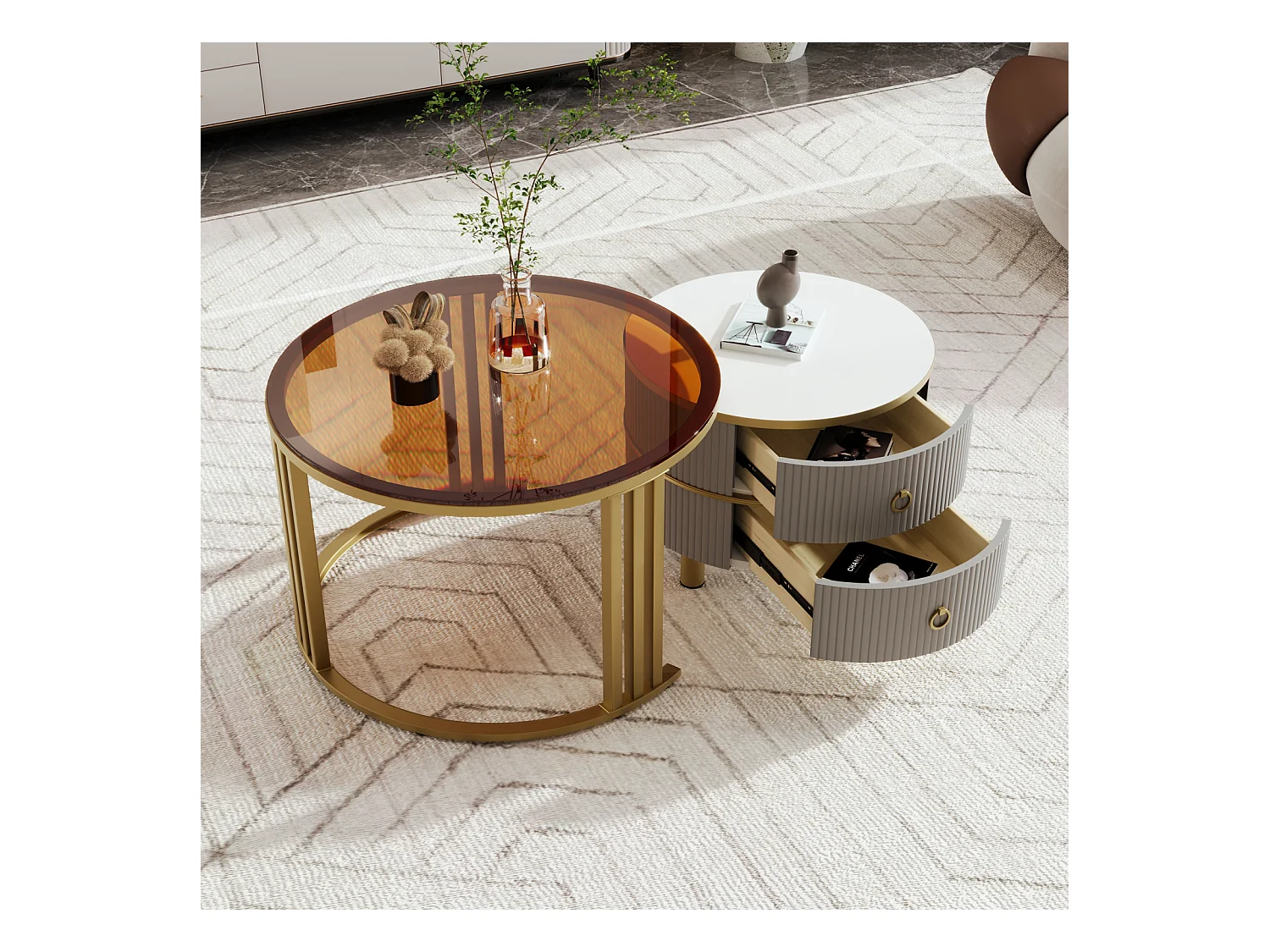 Juego de 2 mesas de centro nido redondas, 70x50 cm - con tapa de cristal marrón, 2 cajones, diseño moderno - gris