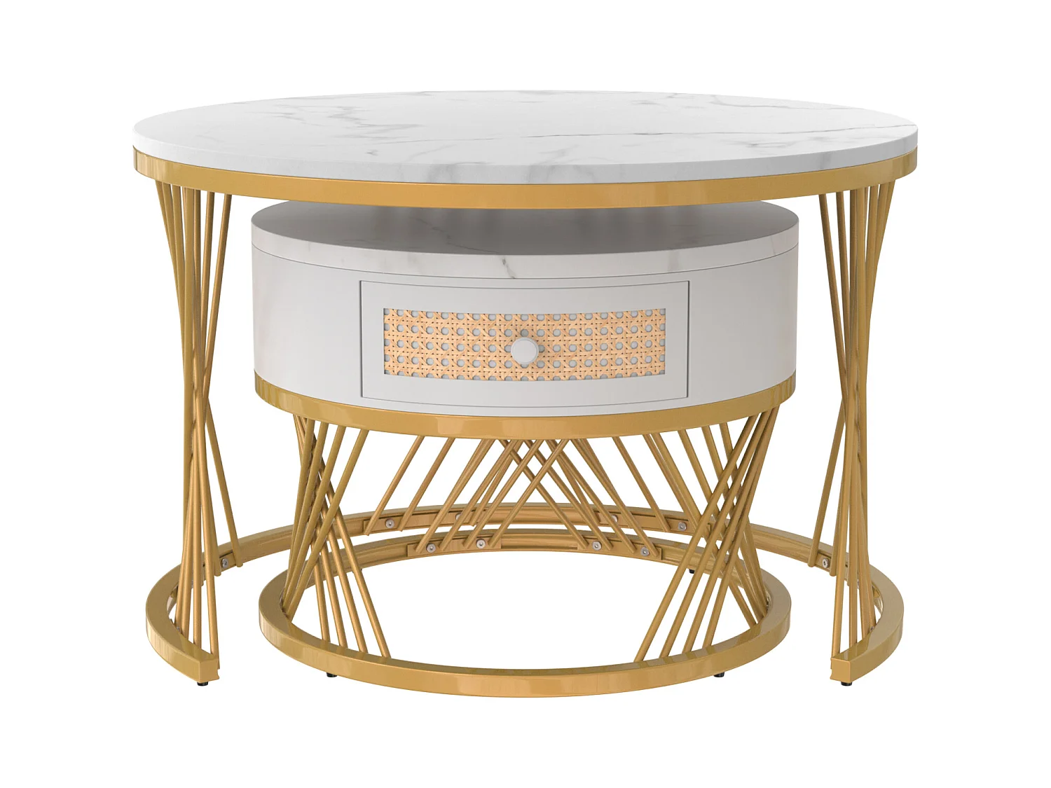 Set van 2 ronde salontafels, bijzettafel met marmeren blad en rotan lades, gouden ijzeren poten - 70x70x45,5 + 50x50x38,5 cm wit