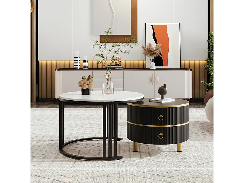 Set van 2 ronde salontafels, 70x50 cm, met wit marmeren blad, 2 lades, modern design - zwart
