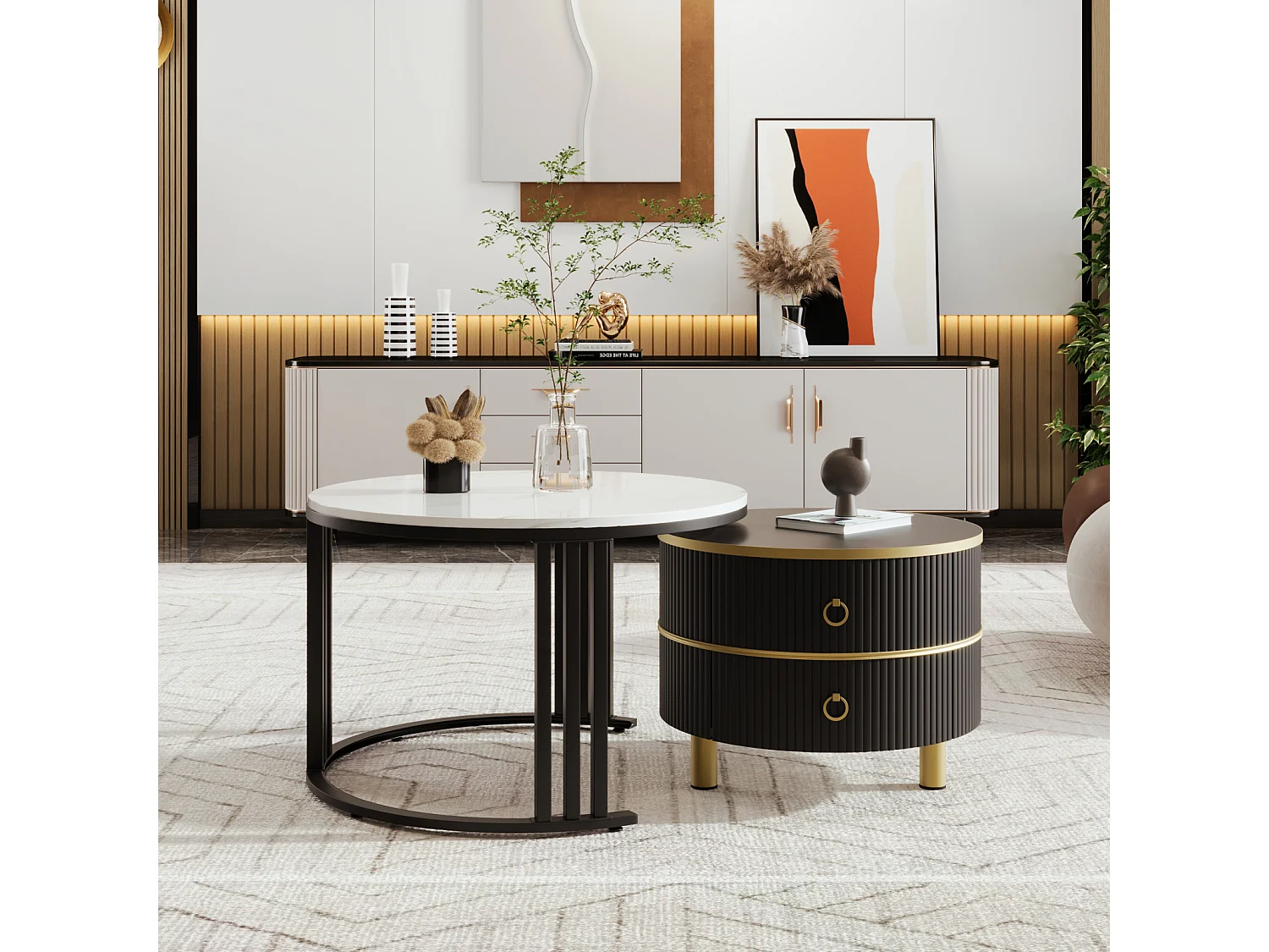 Set van 2 ronde salontafels, 70x50 cm, met wit marmeren blad, 2 lades, modern design - zwart