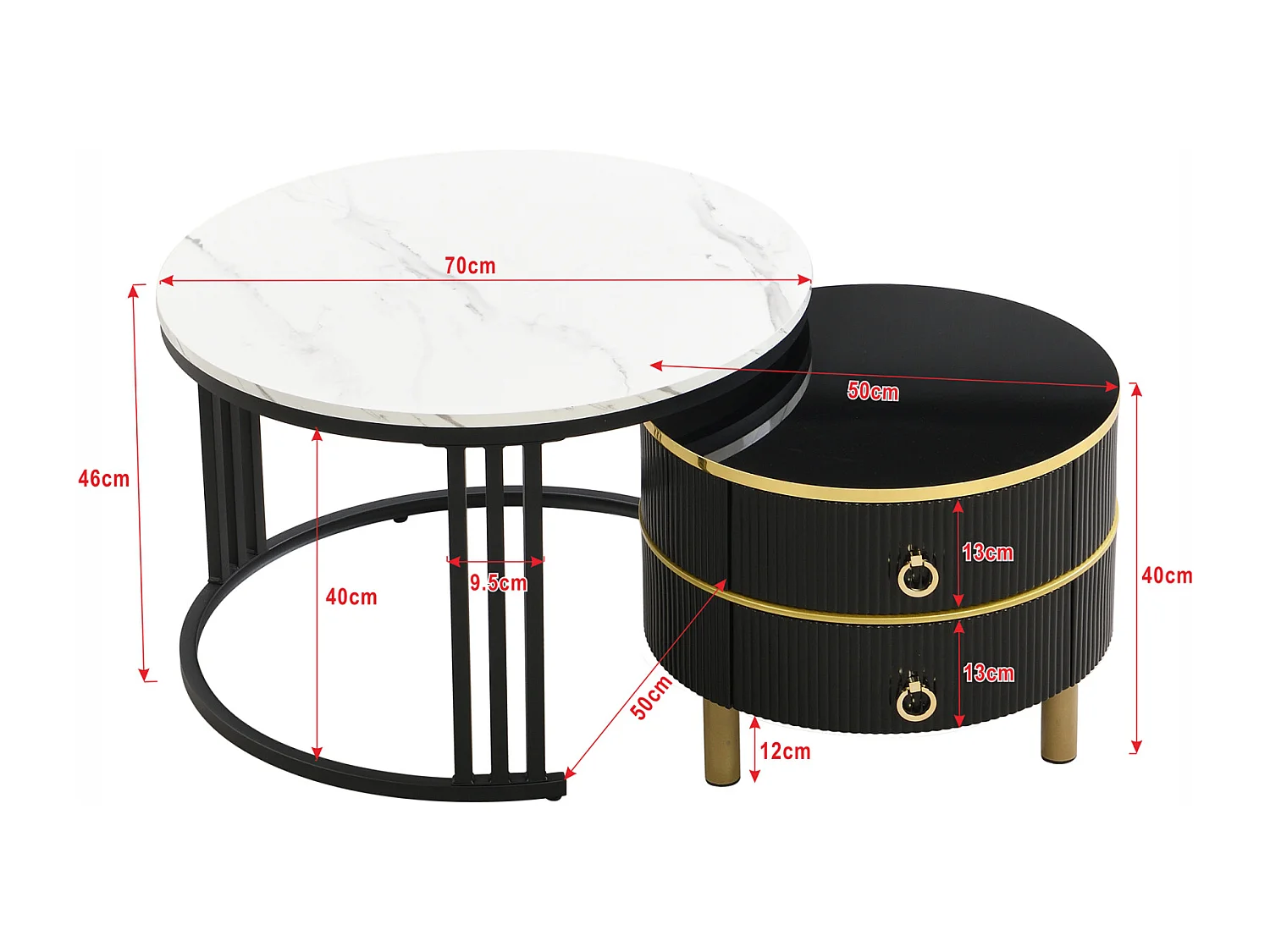 Set van 2 ronde salontafels, 70x50 cm, met wit marmeren blad, 2 lades, modern design - zwart