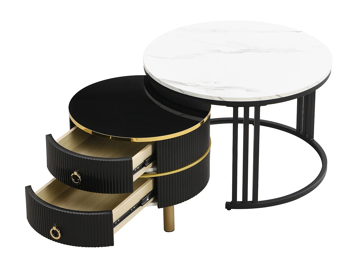Set van 2 ronde salontafels, 70x50 cm, met wit marmeren blad, 2 lades, modern design - zwart