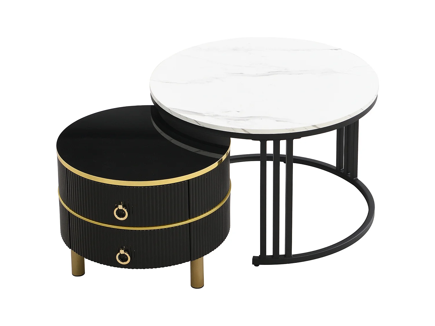 Lot de 2 Table basse gigogne ronde, 70x50 cm - avec plateau en marbre blanc, 2 tiroirs, design moderne - Noir