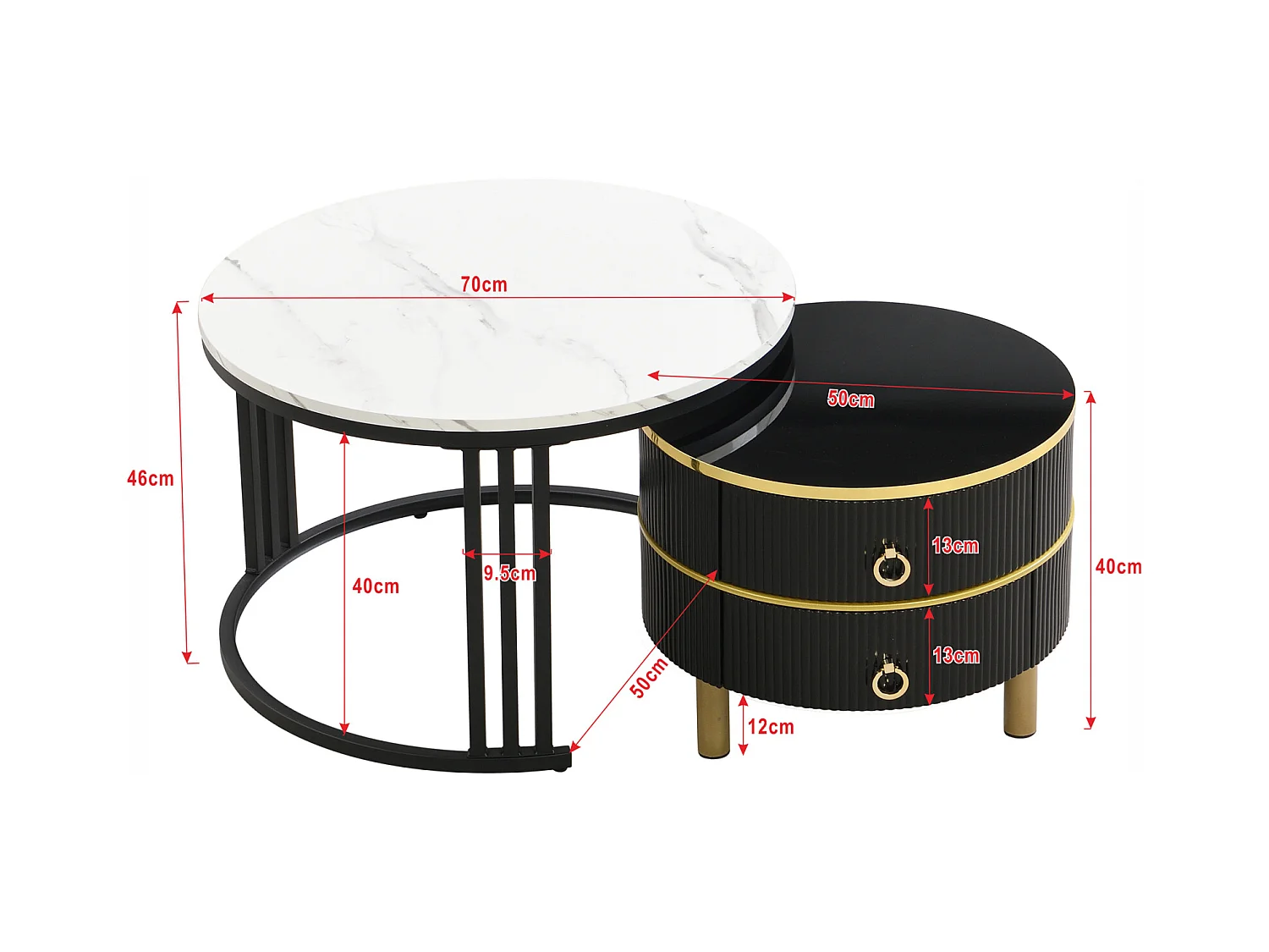 Lot de 2 Table basse gigogne ronde, 70x50 cm - avec plateau en marbre blanc, 2 tiroirs, design moderne - Noir