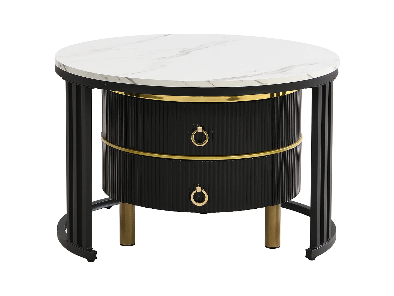 Lot de 2 Table basse gigogne ronde, 70x50 cm - avec plateau en marbre blanc, 2 tiroirs, design moderne - Noir