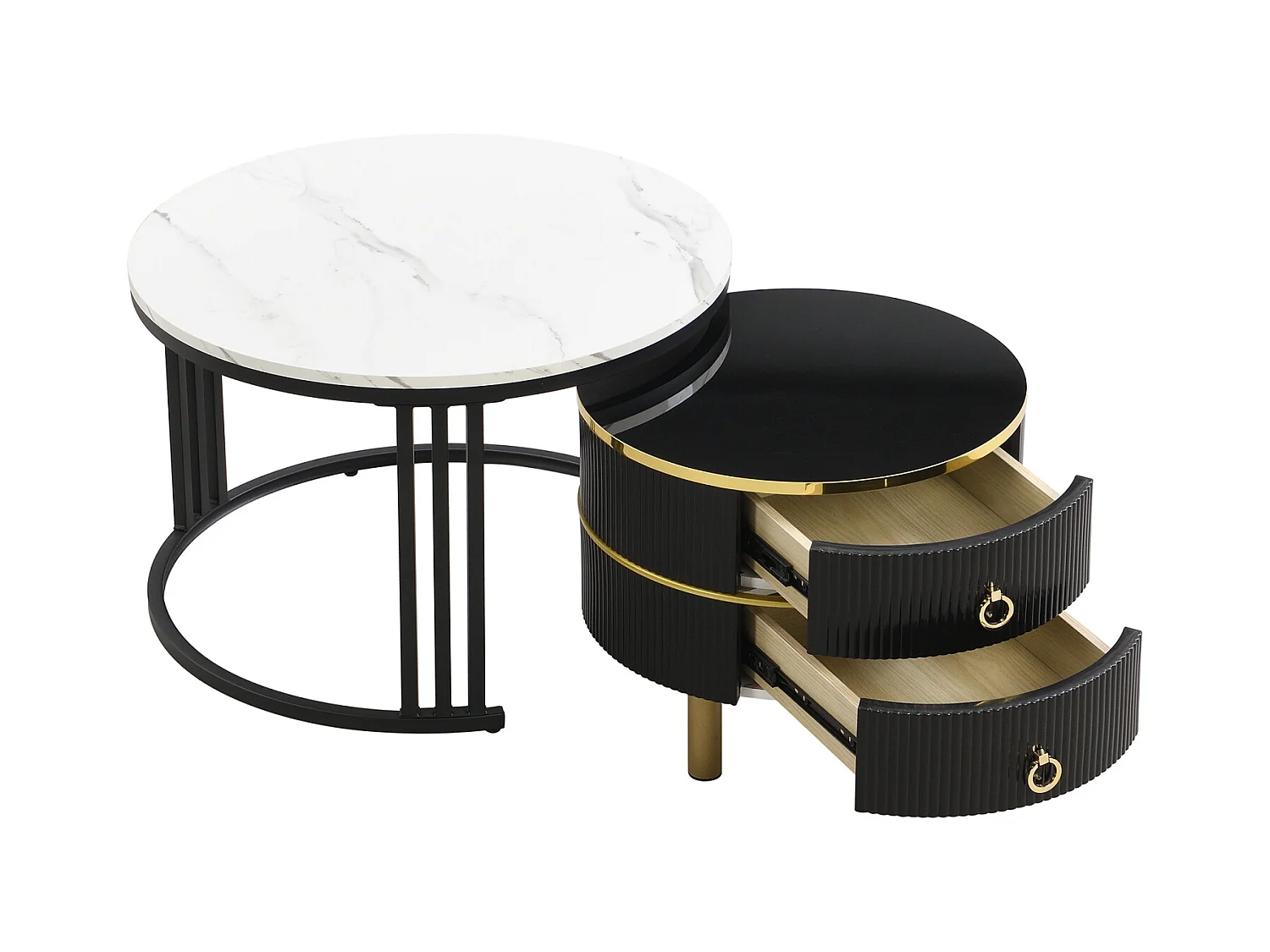 Lot de 2 Table basse gigogne ronde, 70x50 cm - avec plateau en marbre blanc, 2 tiroirs, design moderne - Noir
