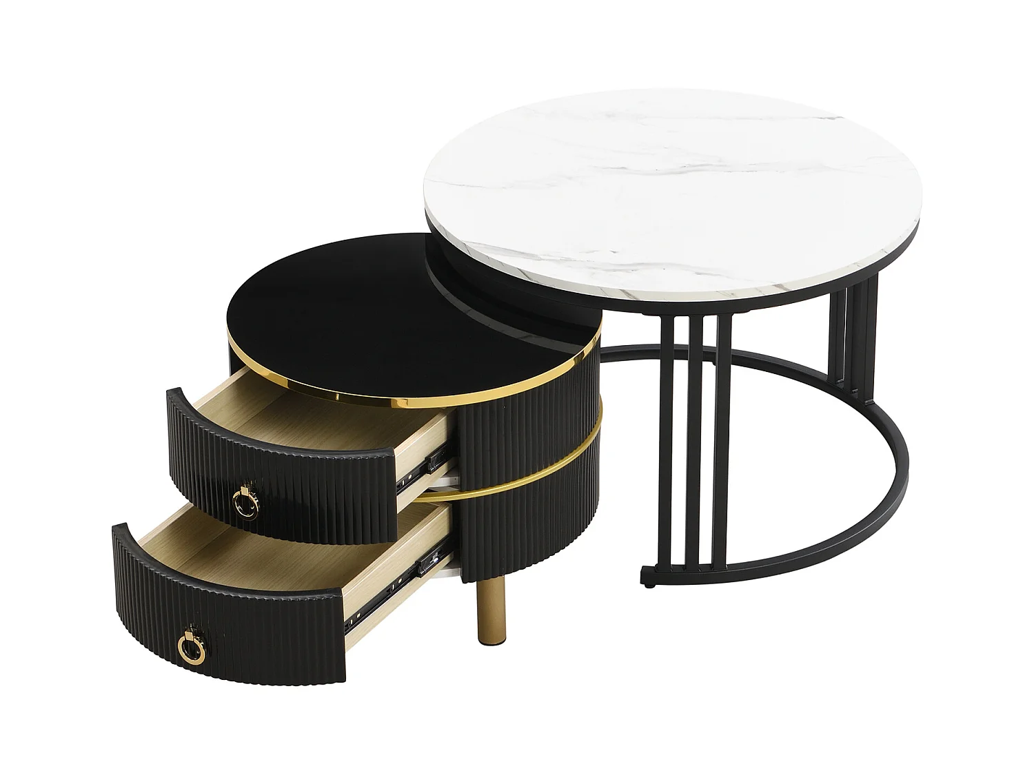 Lot de 2 Table basse gigogne ronde, 70x50 cm - avec plateau en marbre blanc, 2 tiroirs, design moderne - Noir