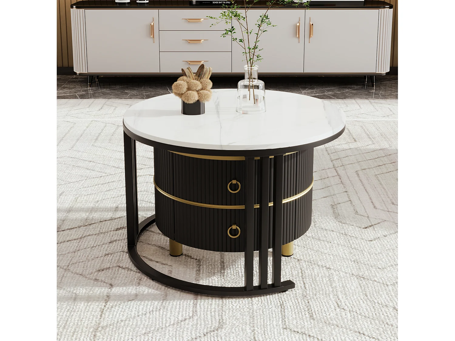 Set van 2 ronde salontafels, 70x50 cm, met wit marmeren blad, 2 lades, modern design - zwart