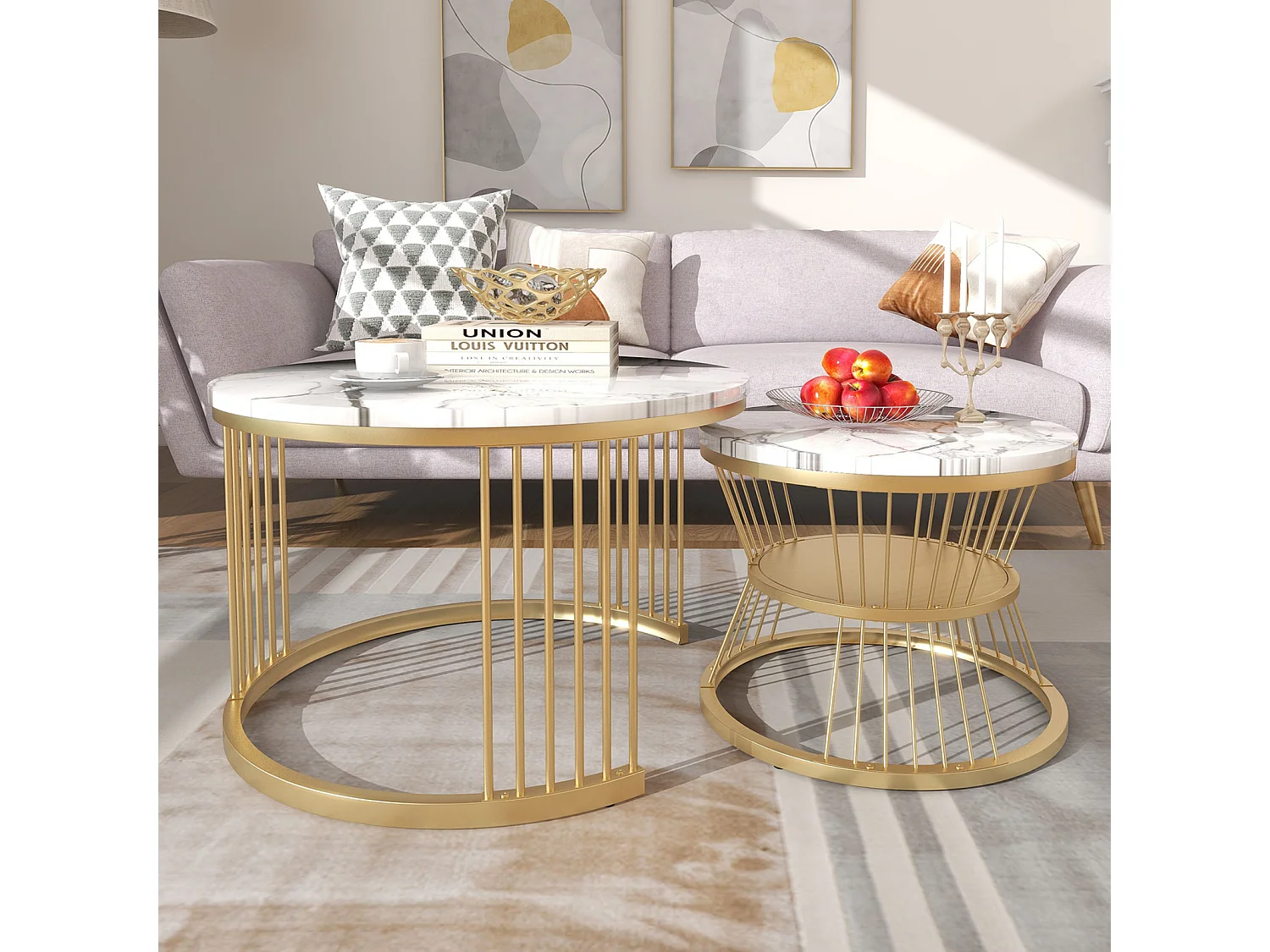 Lot de 2 Tables Basses Rondes, Modernes, avec marbré Brillant, pour salon, Salle de réception, Balcon et Bureau, Structure en métal, Forme Unique