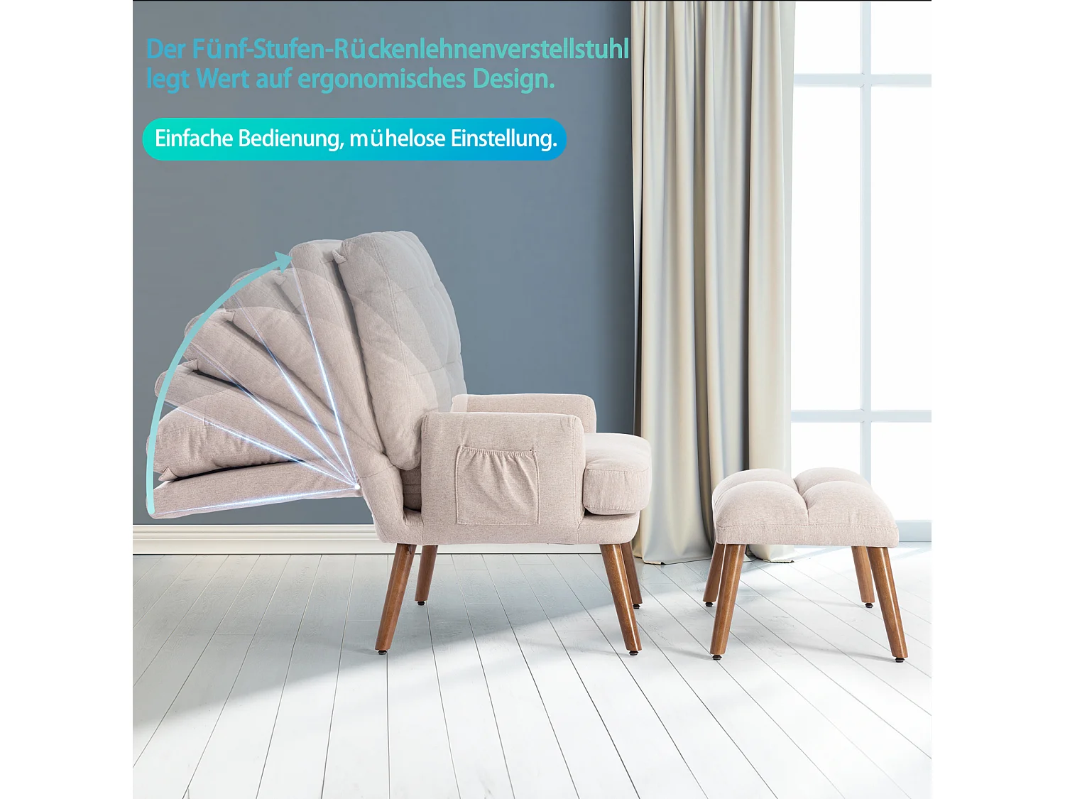 Chaise longue avec repose-pieds, dossier réglable sur 10 niveaux, inclinable, chaise avec étagère latérale-beige