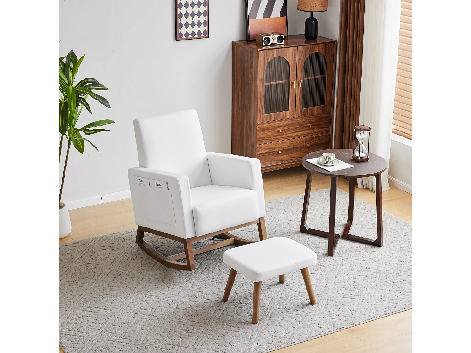 Fauteuil à bascule - chaise longue avec repose-pieds, avec sac de rangement - 65.5x84x92.5cm - en velours blanc