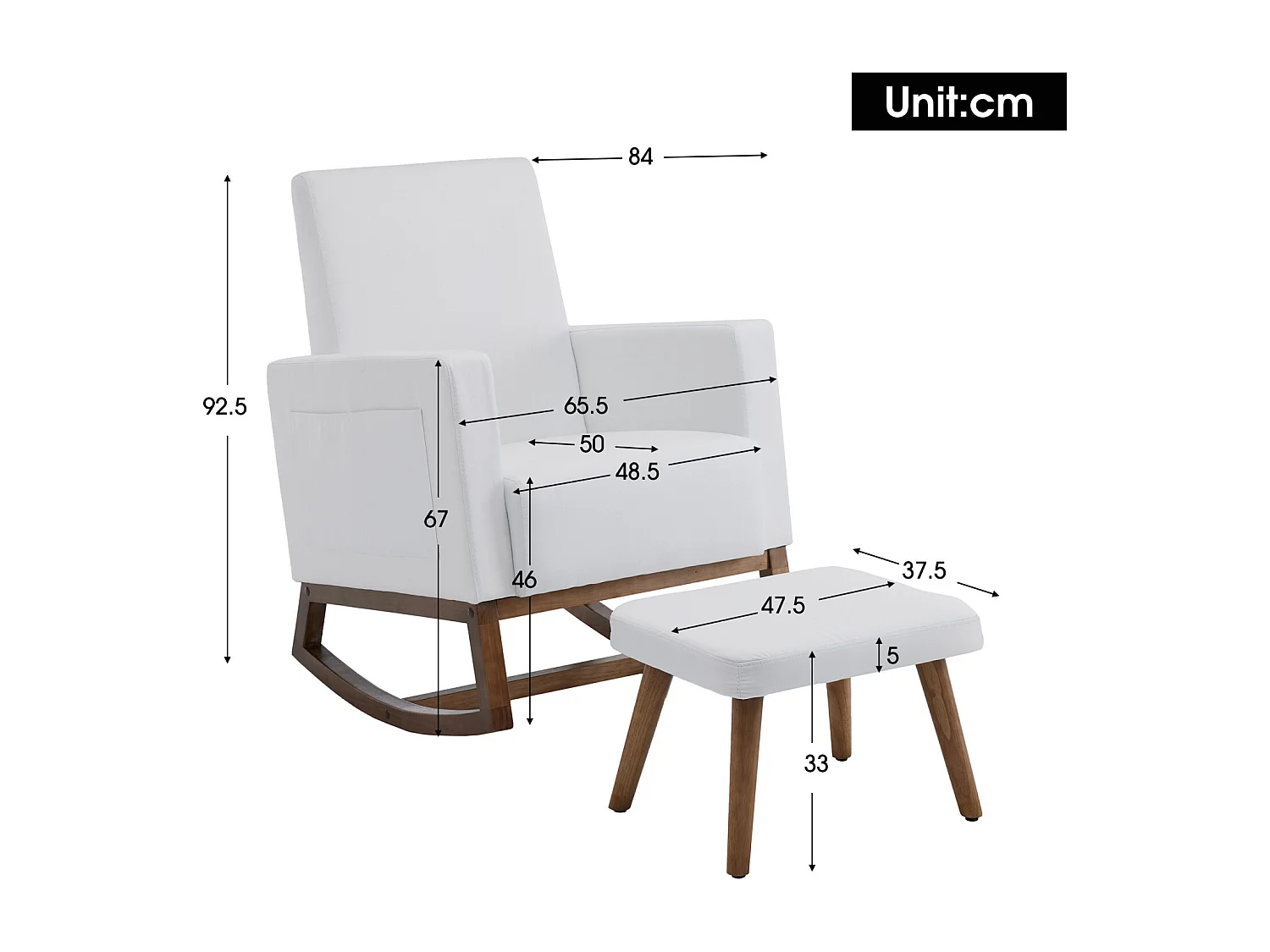 Fauteuil à bascule - chaise longue avec repose-pieds, avec sac de rangement - 65.5x84x92.5cm - en velours blanc
