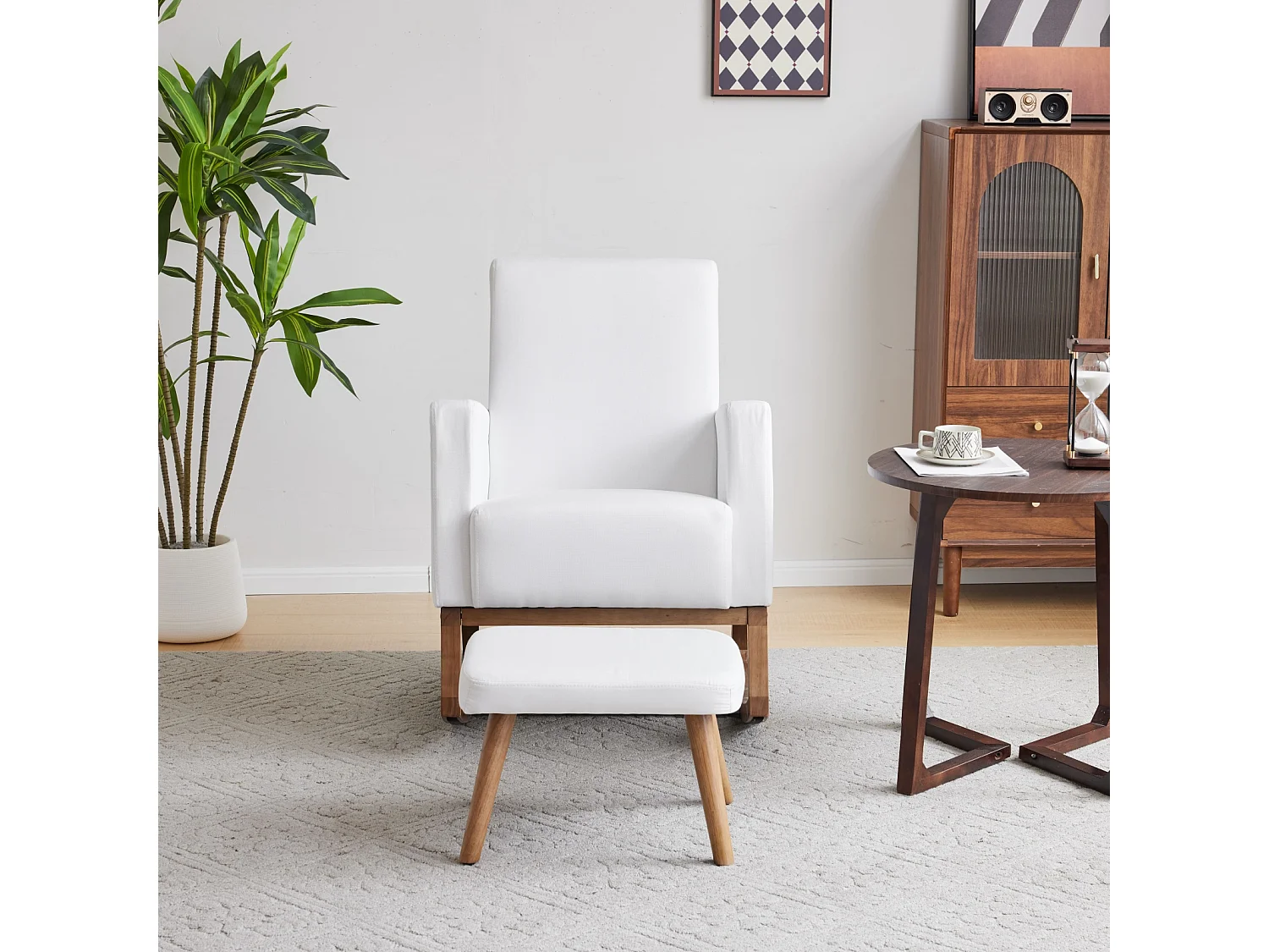 Fauteuil à bascule - chaise longue avec repose-pieds, avec sac de rangement - 65.5x84x92.5cm - en velours blanc