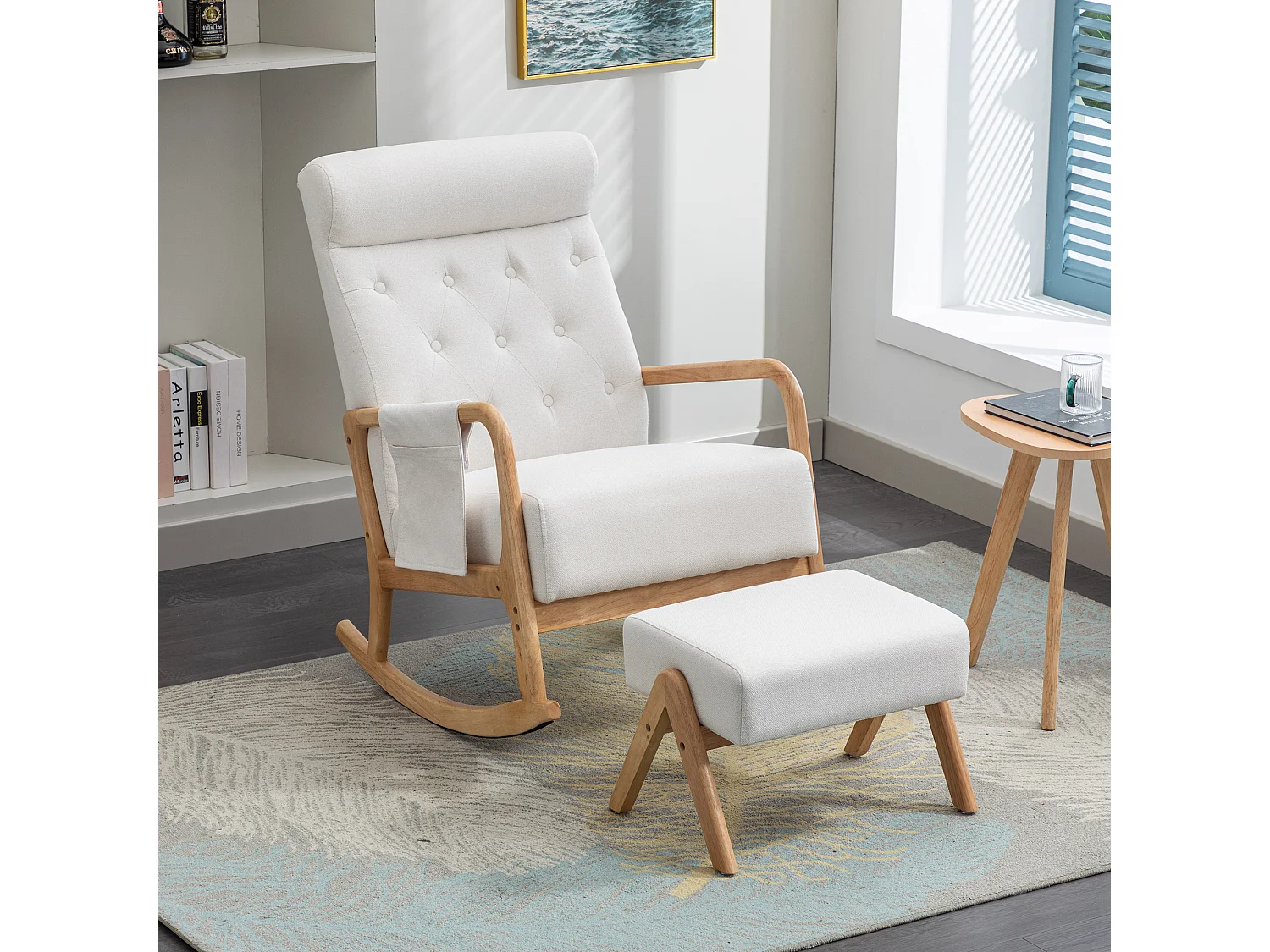 Fauteuil à bascule confortable avec ottoman, Rocking chair mousse avec rembourrage en lin, supporte 300 lb 65x85x94cm, Beige
