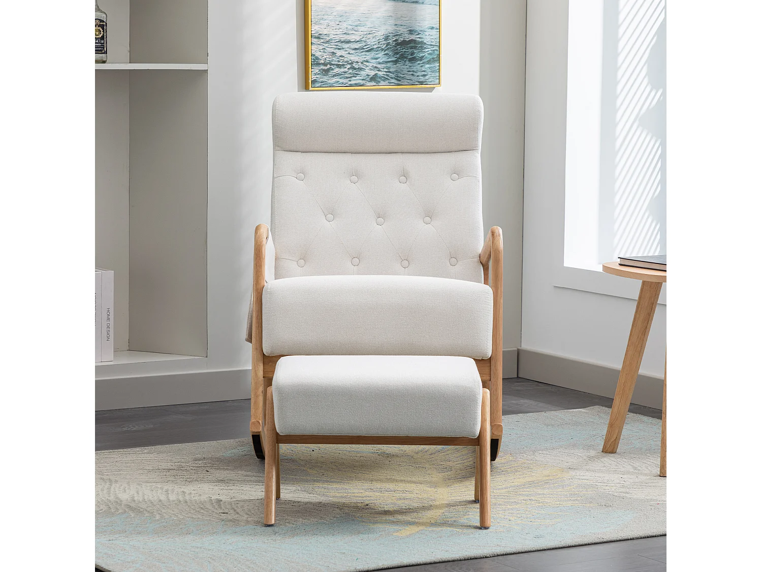 Fauteuil à bascule confortable avec ottoman, Rocking chair mousse avec rembourrage en lin, supporte 300 lb 65x85x94cm, Beige