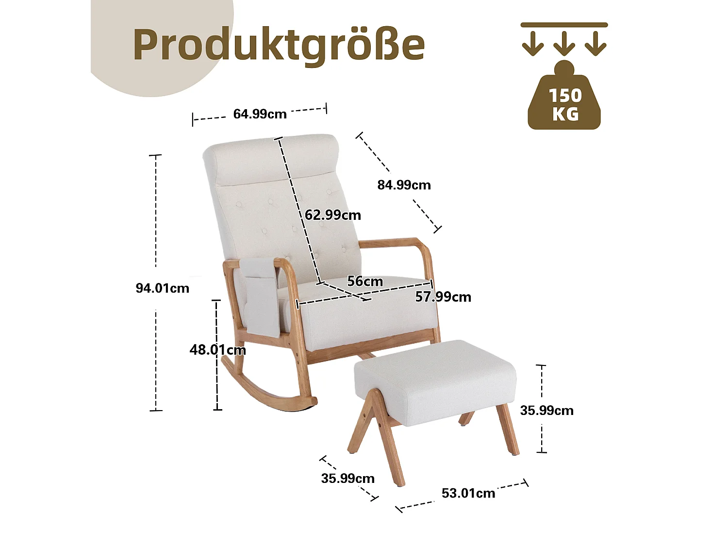 Fauteuil à bascule confortable avec ottoman, Rocking chair mousse avec rembourrage en lin, supporte 300 lb 65x85x94cm, Beige
