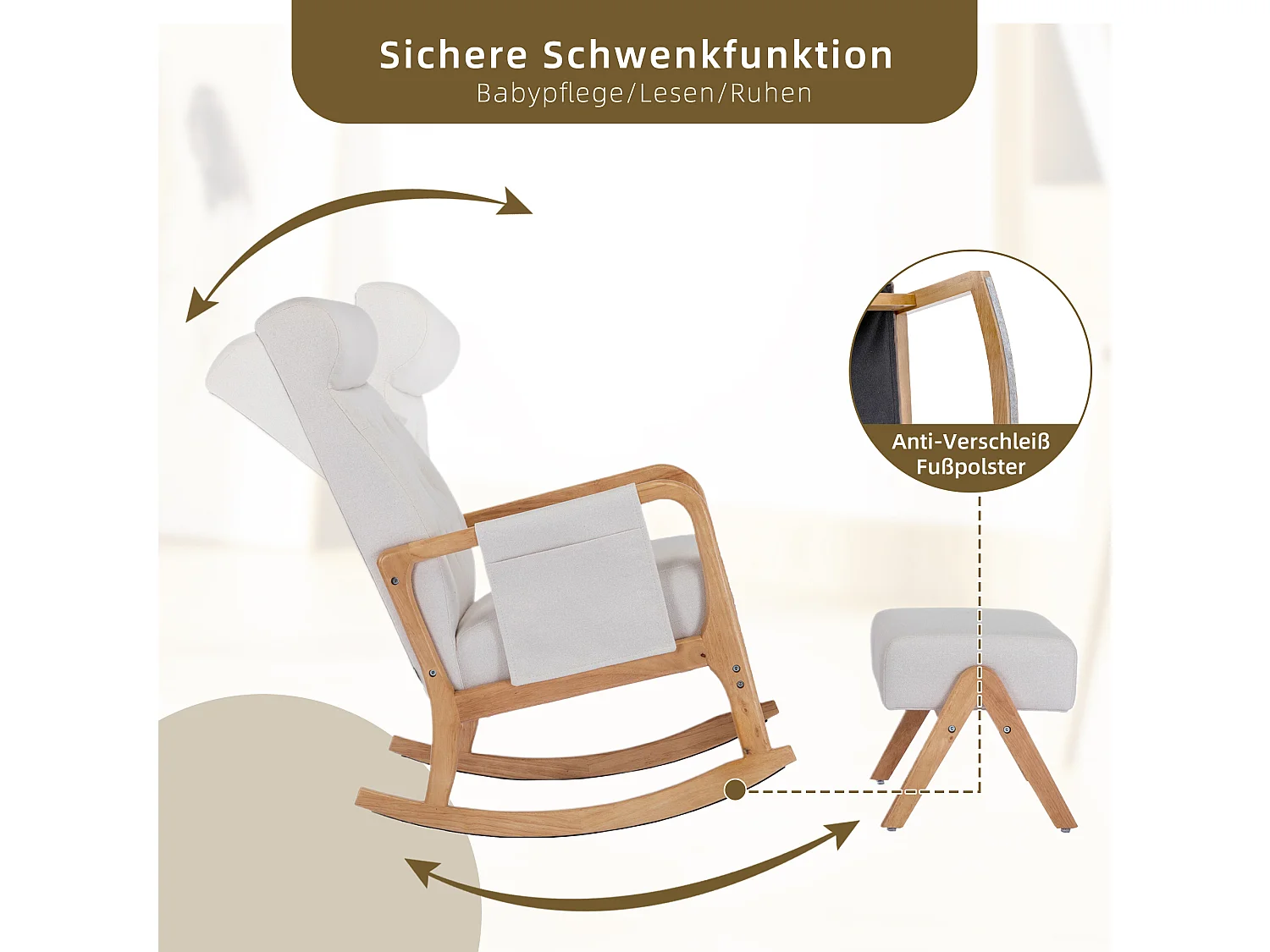 Fauteuil à bascule confortable avec ottoman, Rocking chair mousse avec rembourrage en lin, supporte 300 lb 65x85x94cm, Beige