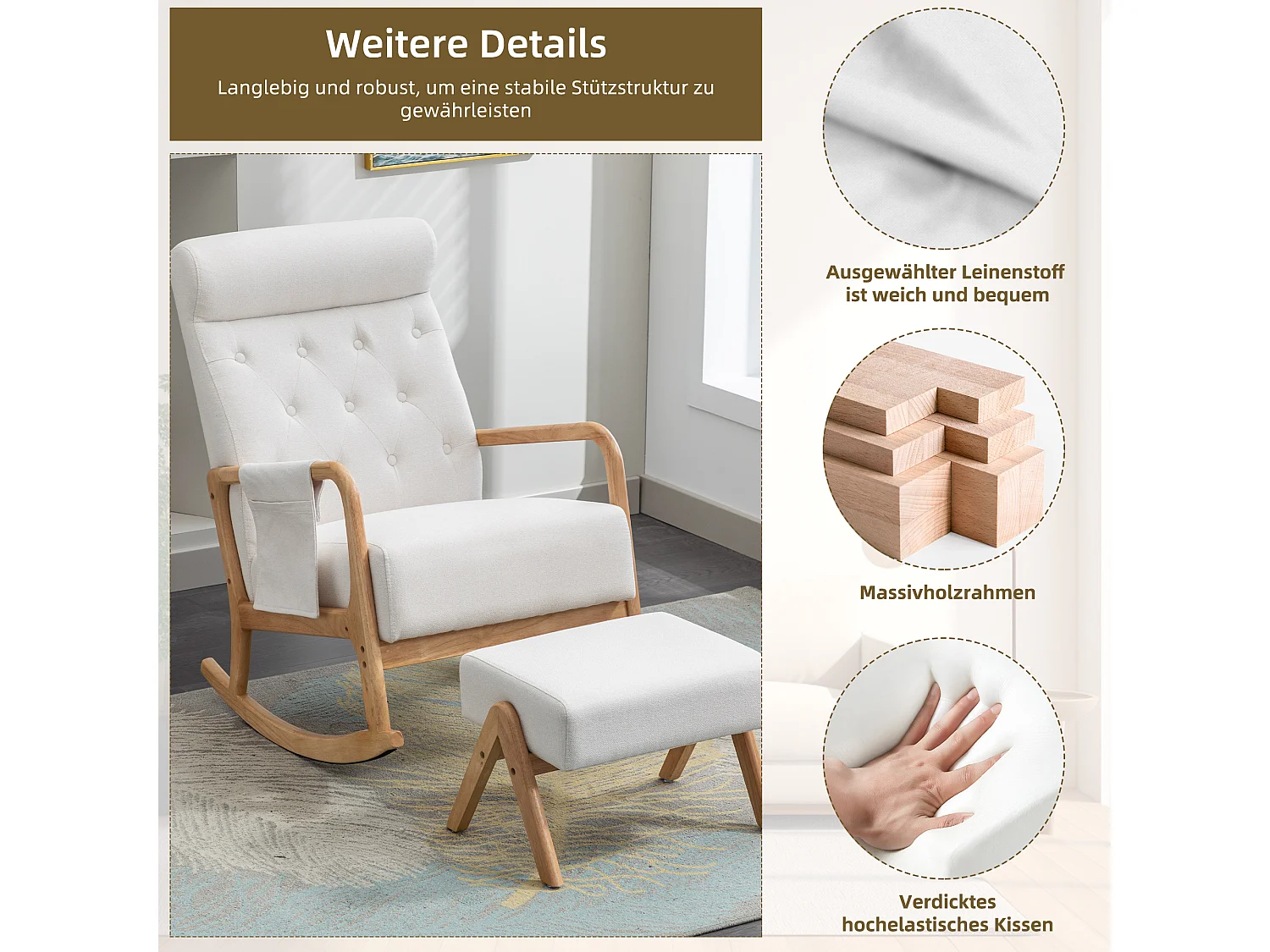 Fauteuil à bascule confortable avec ottoman, Rocking chair mousse avec rembourrage en lin, supporte 300 lb 65x85x94cm, Beige