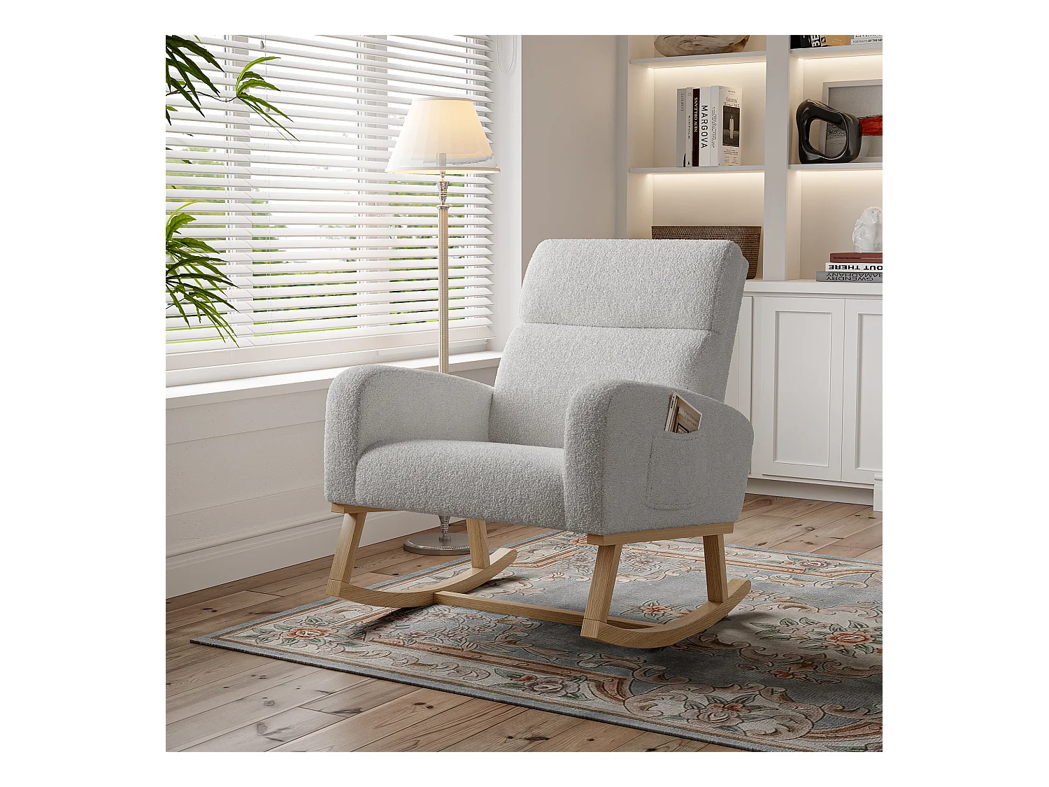 Fauteuil à bascule, avec accoudoirs, , dossier incliné, pieds en bois massif,  -Gris clair