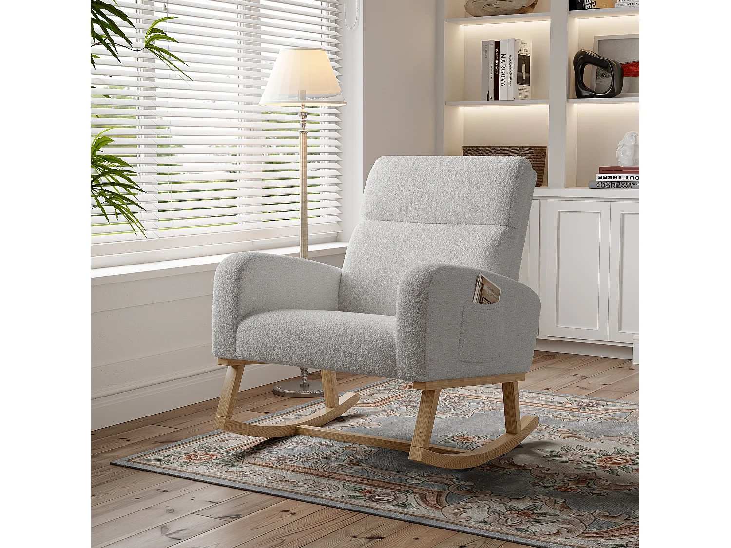 Fauteuil à bascule, avec accoudoirs, , dossier incliné, pieds en bois massif,  -Gris clair