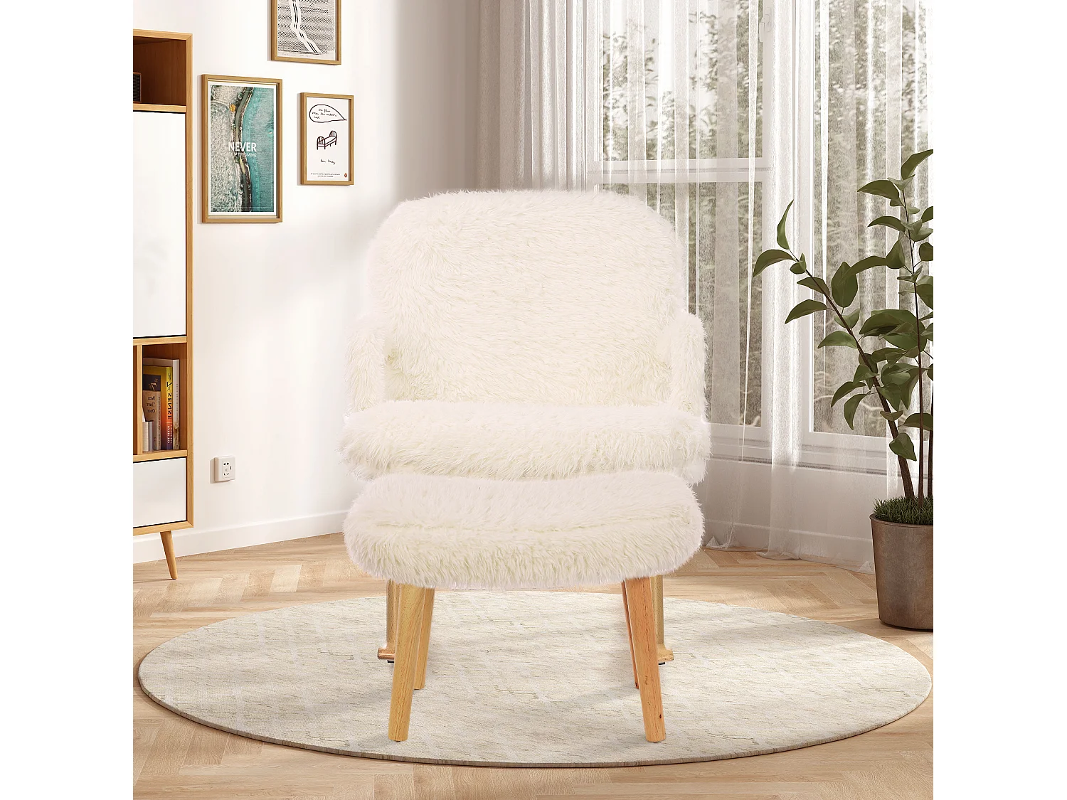 Fauteuil à bascule en peluche Teddy - Rocking chair avec repose-pied, pieds en bois massif - confortable 65x96.5x85cm - Blanc