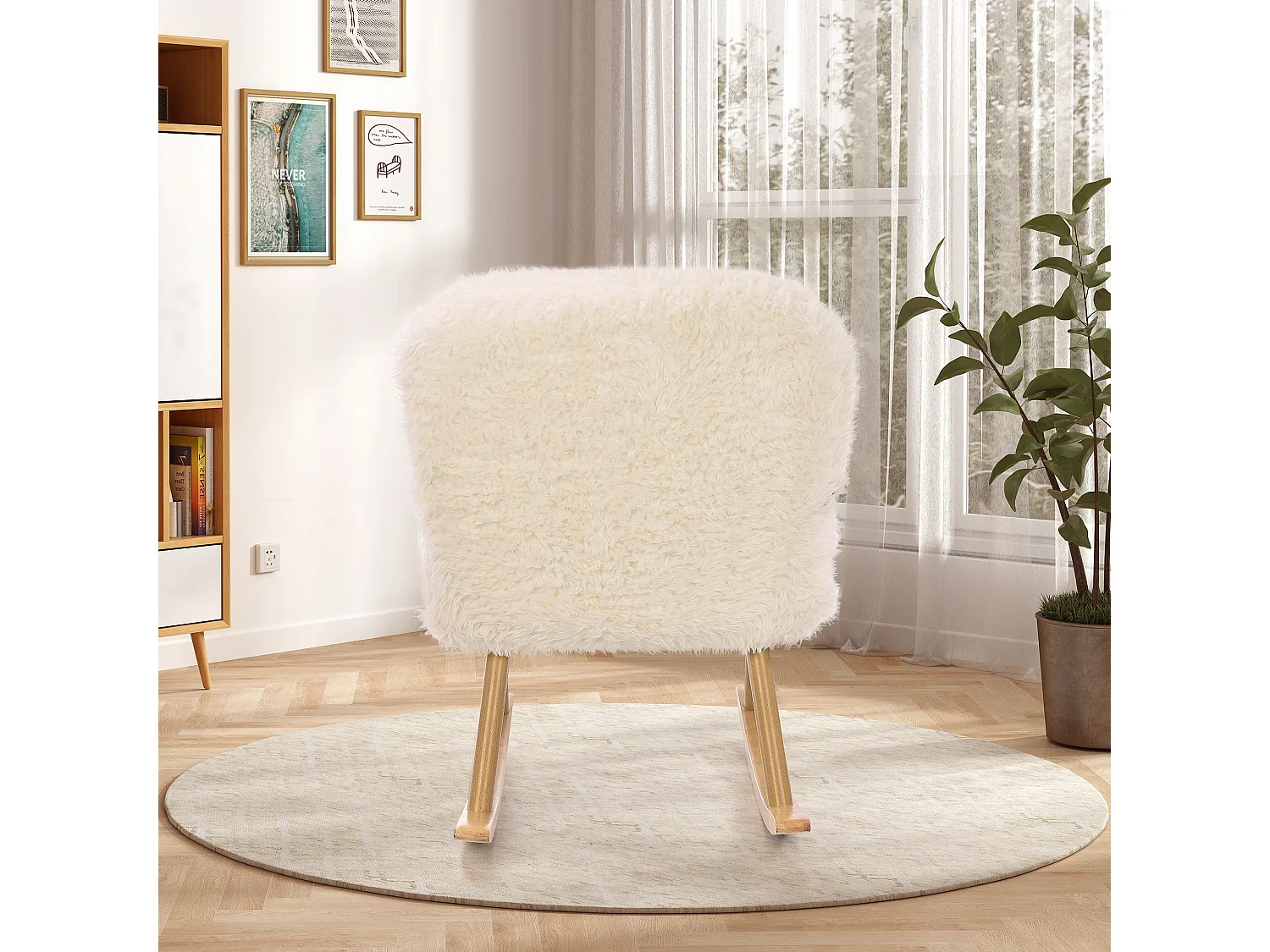 Fauteuil à bascule en peluche Teddy - Rocking chair avec repose-pied, pieds en bois massif - confortable 65x96.5x85cm - Blanc