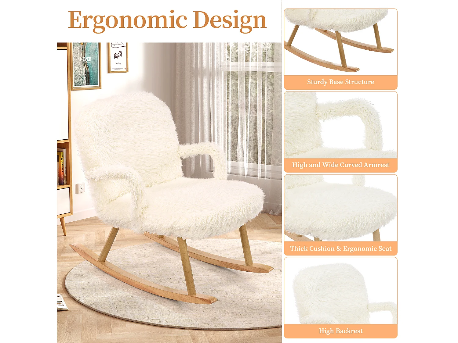 Fauteuil à bascule en peluche Teddy - Rocking chair avec repose-pied, pieds en bois massif - confortable 65x96.5x85cm - Blanc