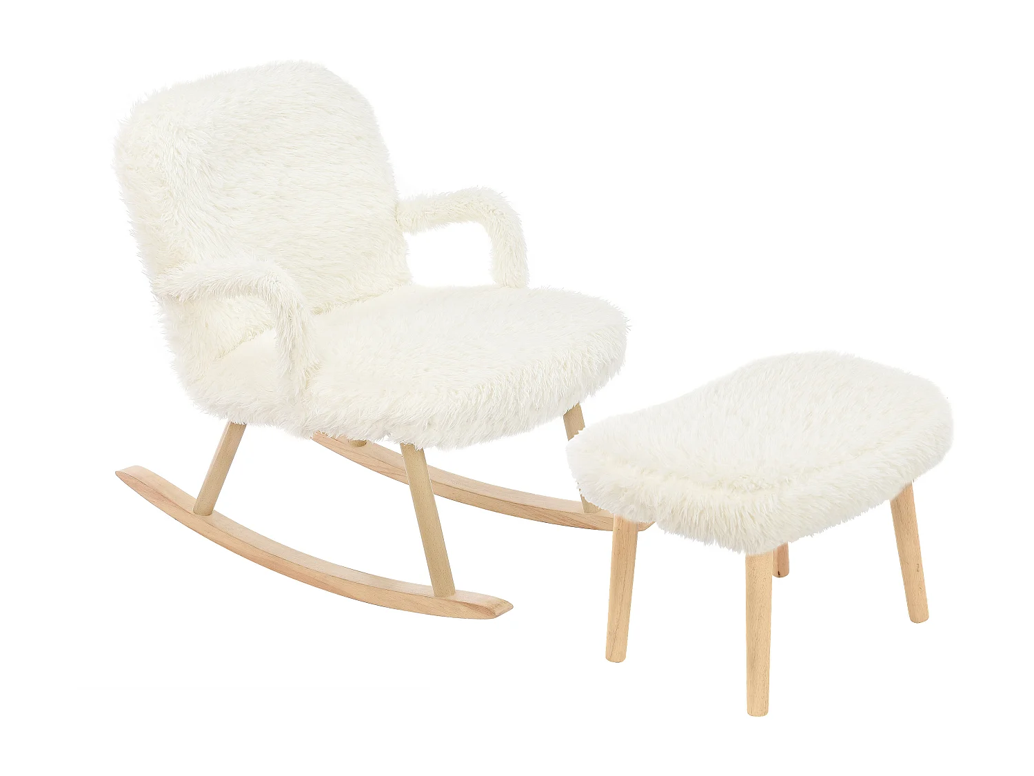 Fauteuil à bascule en peluche Teddy - Rocking chair avec repose-pied, pieds en bois massif - confortable 65x96.5x85cm - Blanc