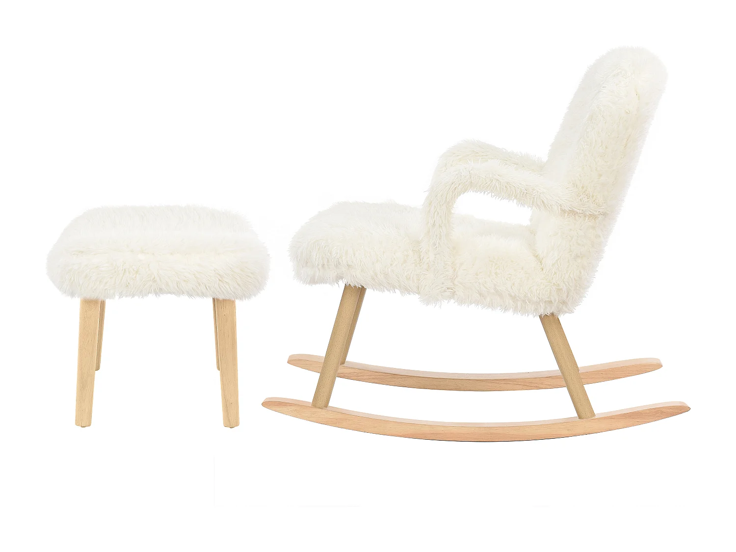 Fauteuil à bascule en peluche Teddy - Rocking chair avec repose-pied, pieds en bois massif - confortable 65x96.5x85cm - Blanc