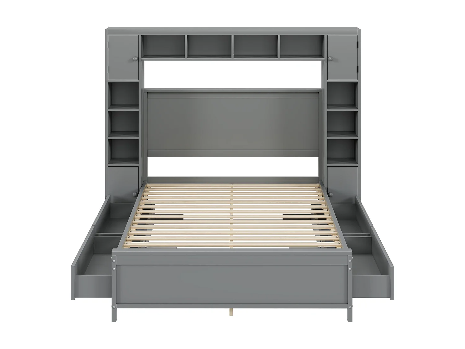 Bed 140x200cm, Bedframe, met 4 lades en grote opbergkast, grijs