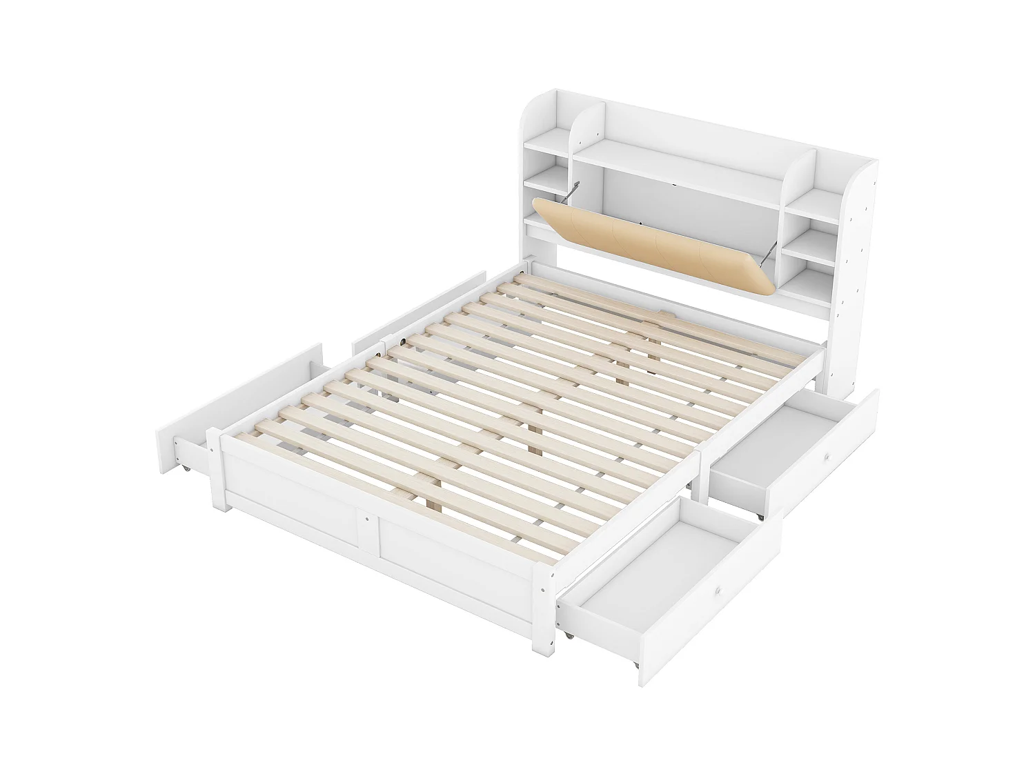 Lit double 160x200cm, avec 4 tiroirs, sommier à lattes, et tête de lit avec plusieurs rangements, blanc