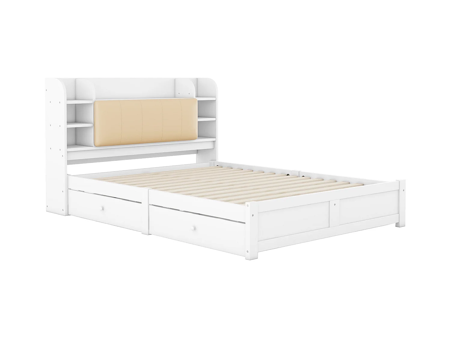 Lit double 160x200cm, avec 4 tiroirs, sommier à lattes, et tête de lit avec plusieurs rangements, blanc