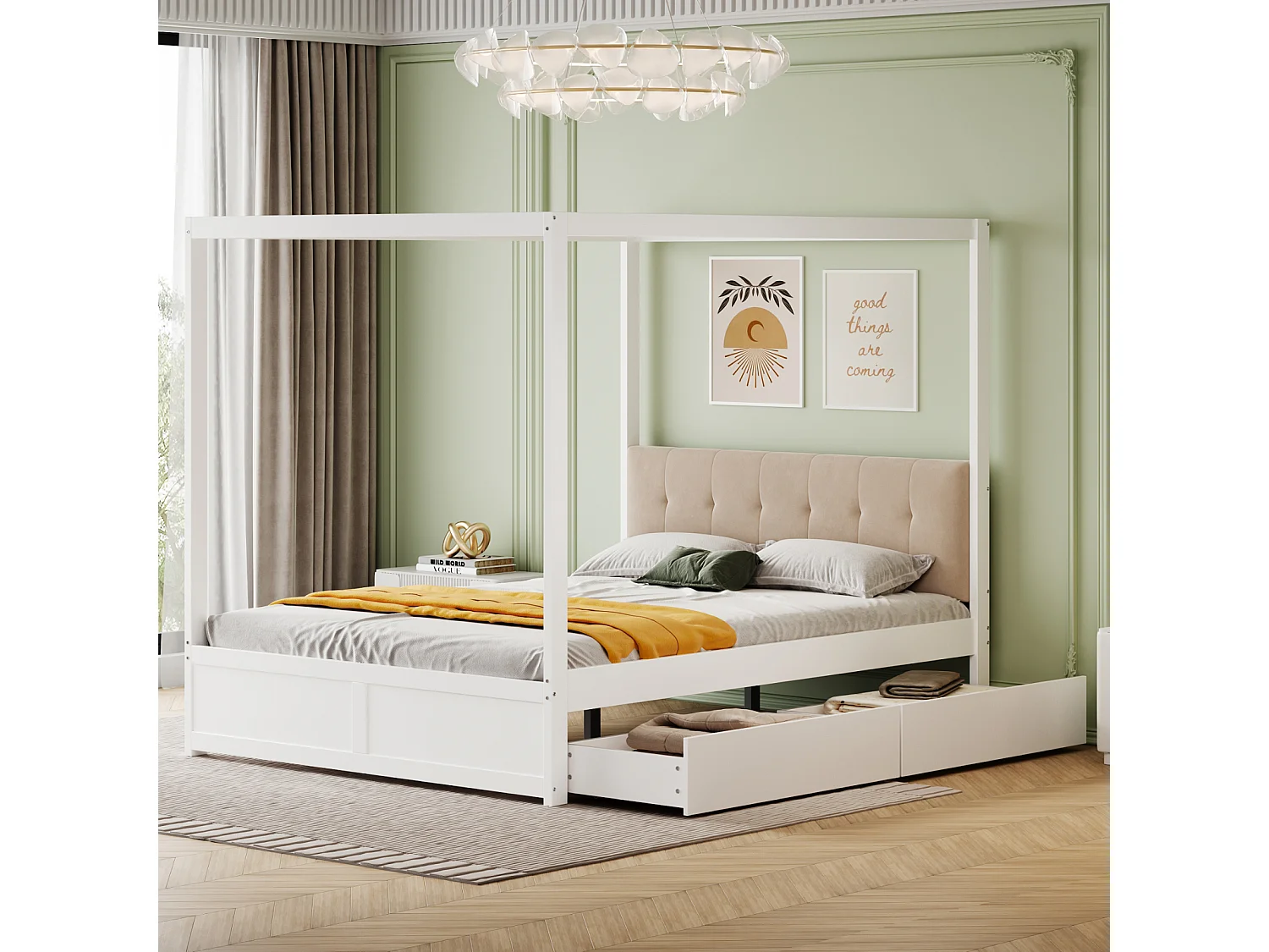 Hemelbedframe 140 x 200 cm met 2 grote lades en zachte rugleuning, wit houten bed