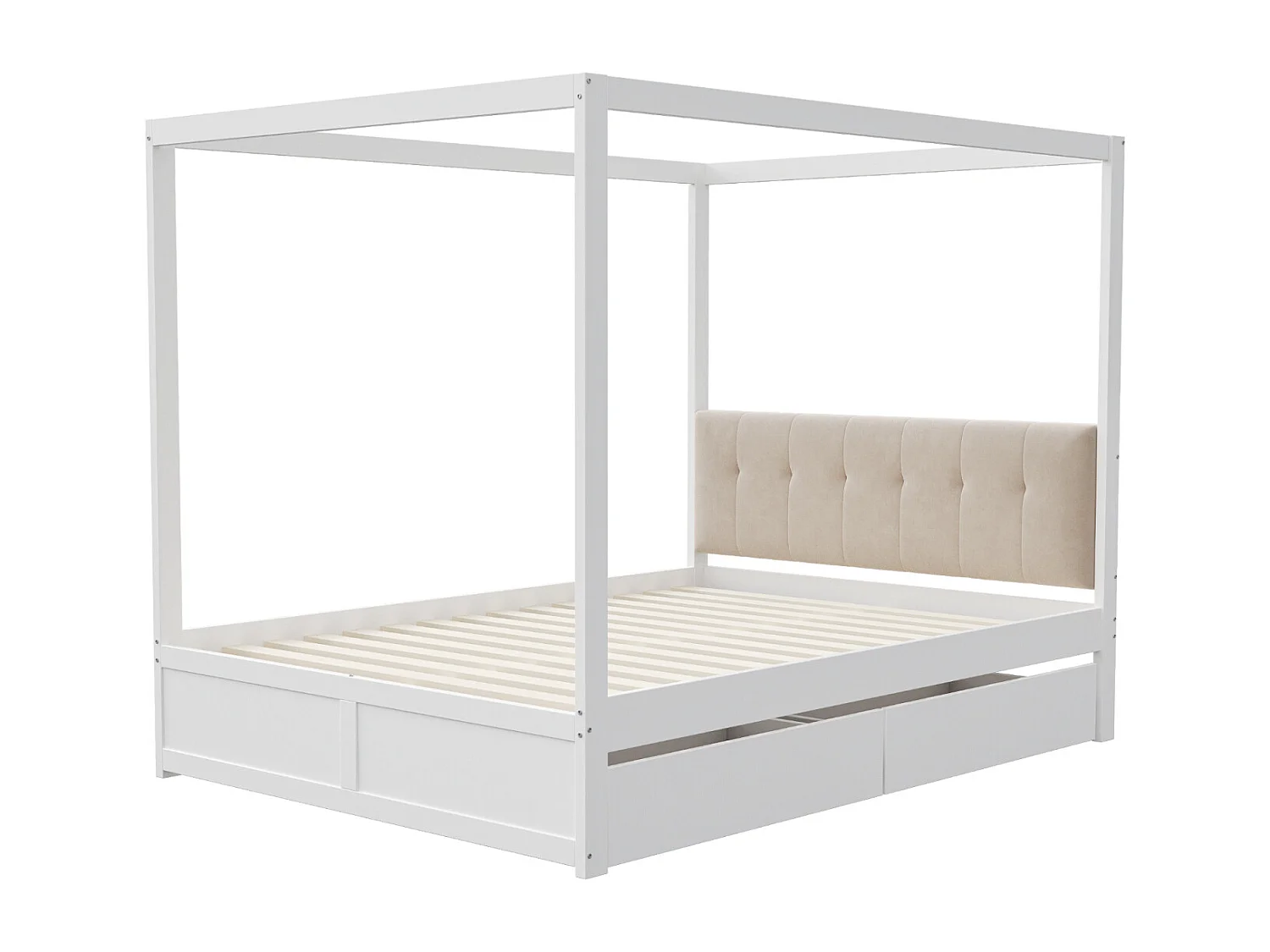 Hemelbedframe 140 x 200 cm met 2 grote lades en zachte rugleuning, wit houten bed