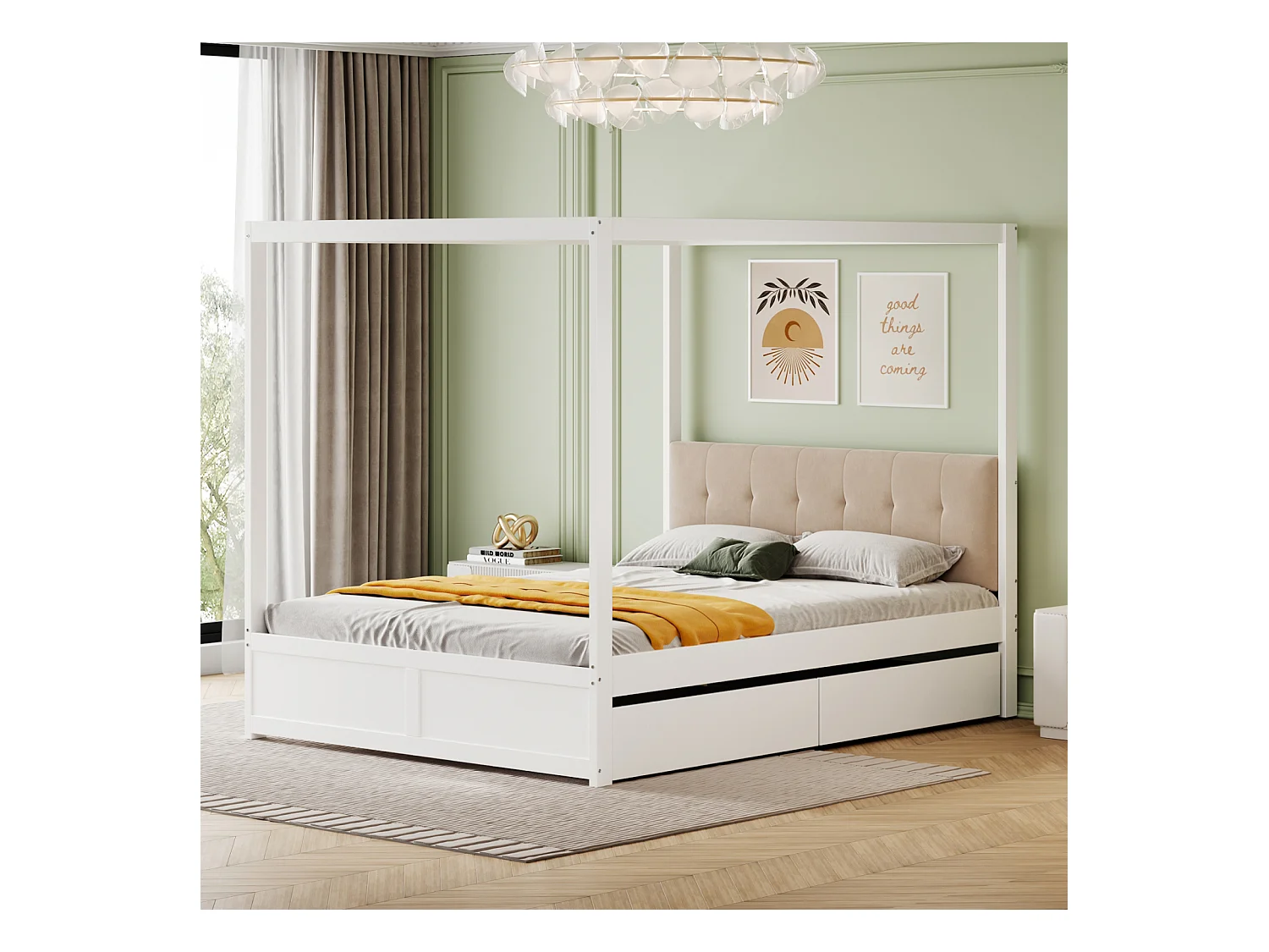 Hemelbedframe 140 x 200 cm met 2 grote lades en zachte rugleuning, wit houten bed