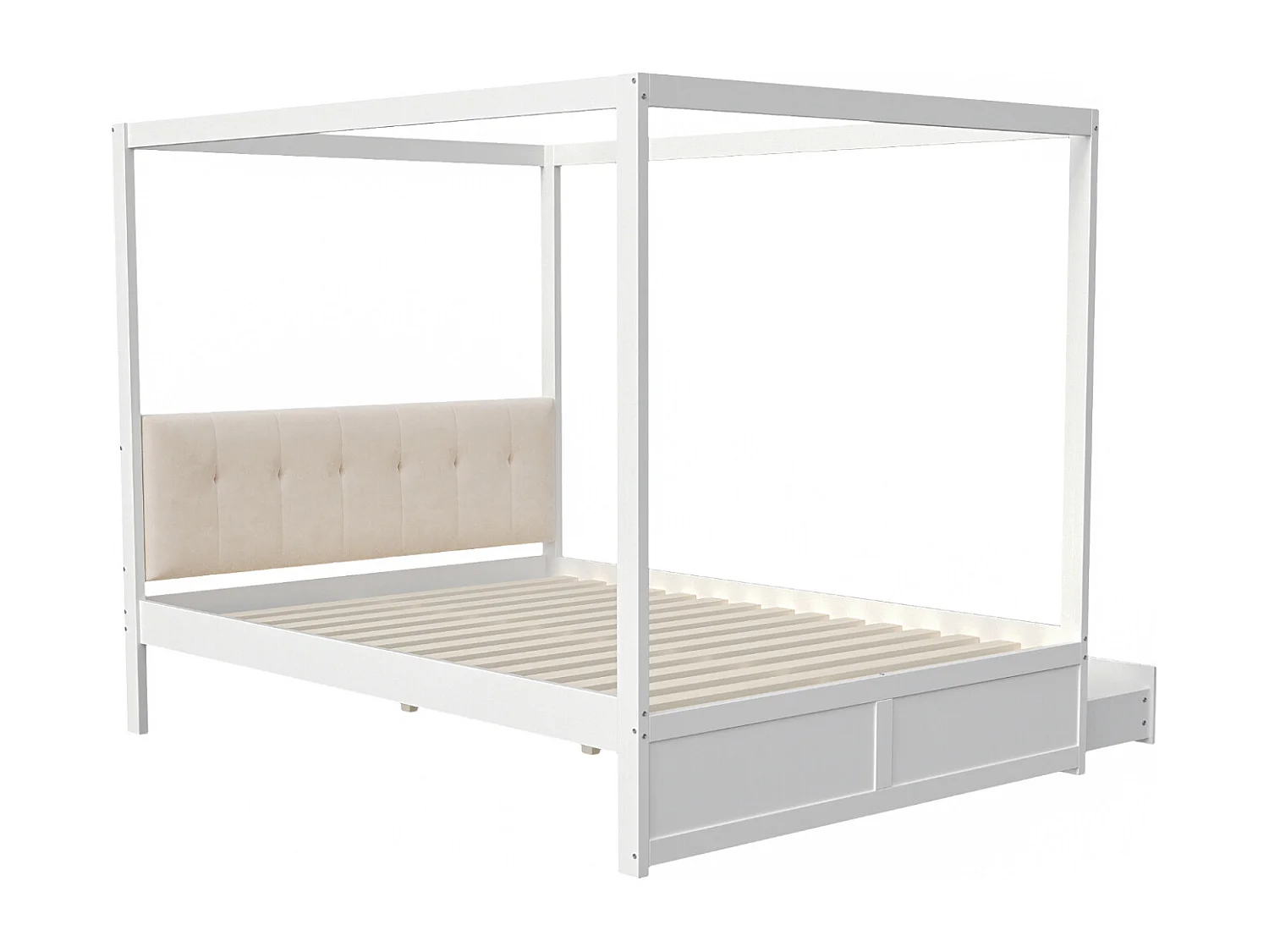 Hemelbedframe 140 x 200 cm met 2 grote lades en zachte rugleuning, wit houten bed