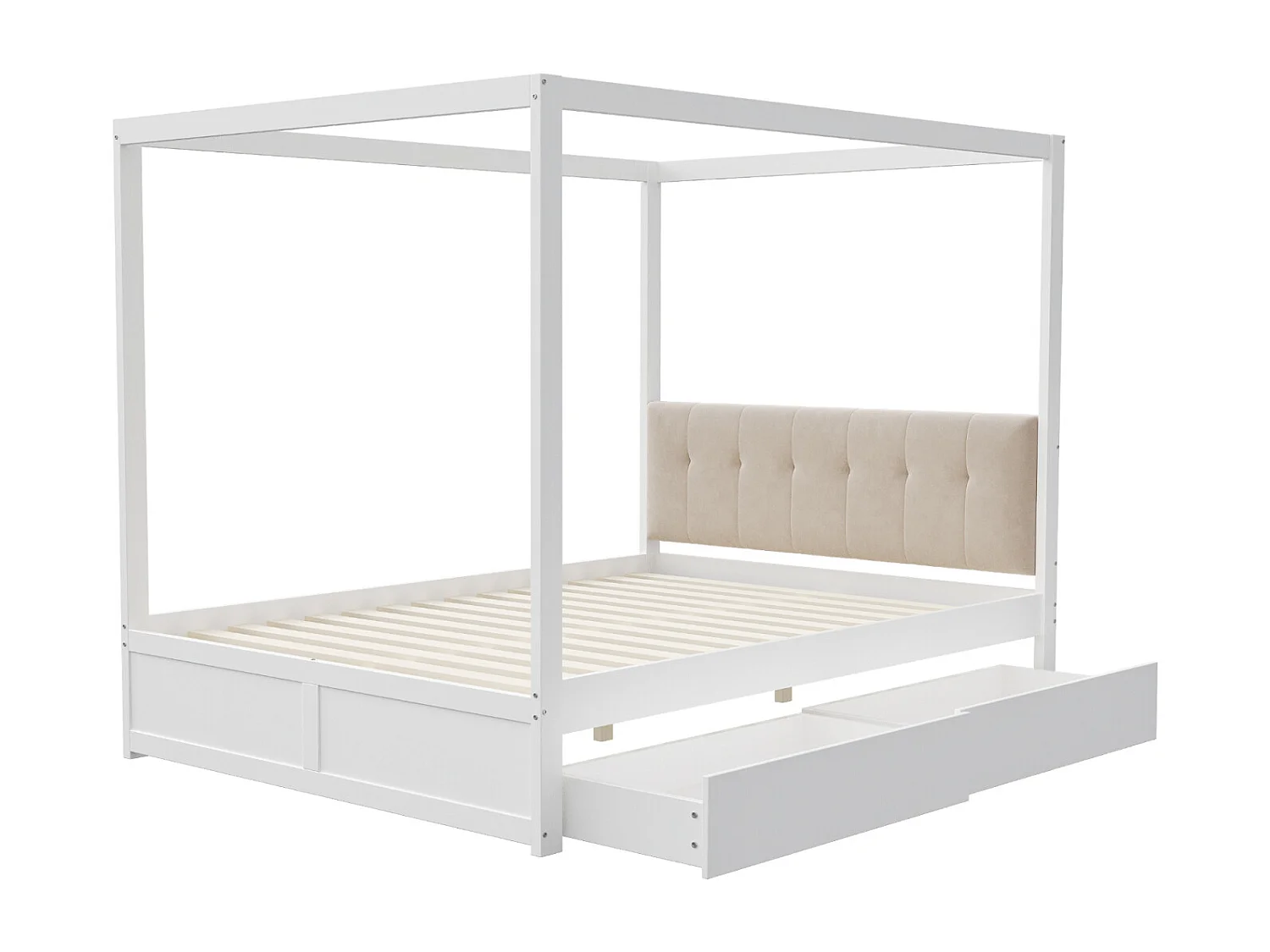 Hemelbedframe 140 x 200 cm met 2 grote lades en zachte rugleuning, wit houten bed